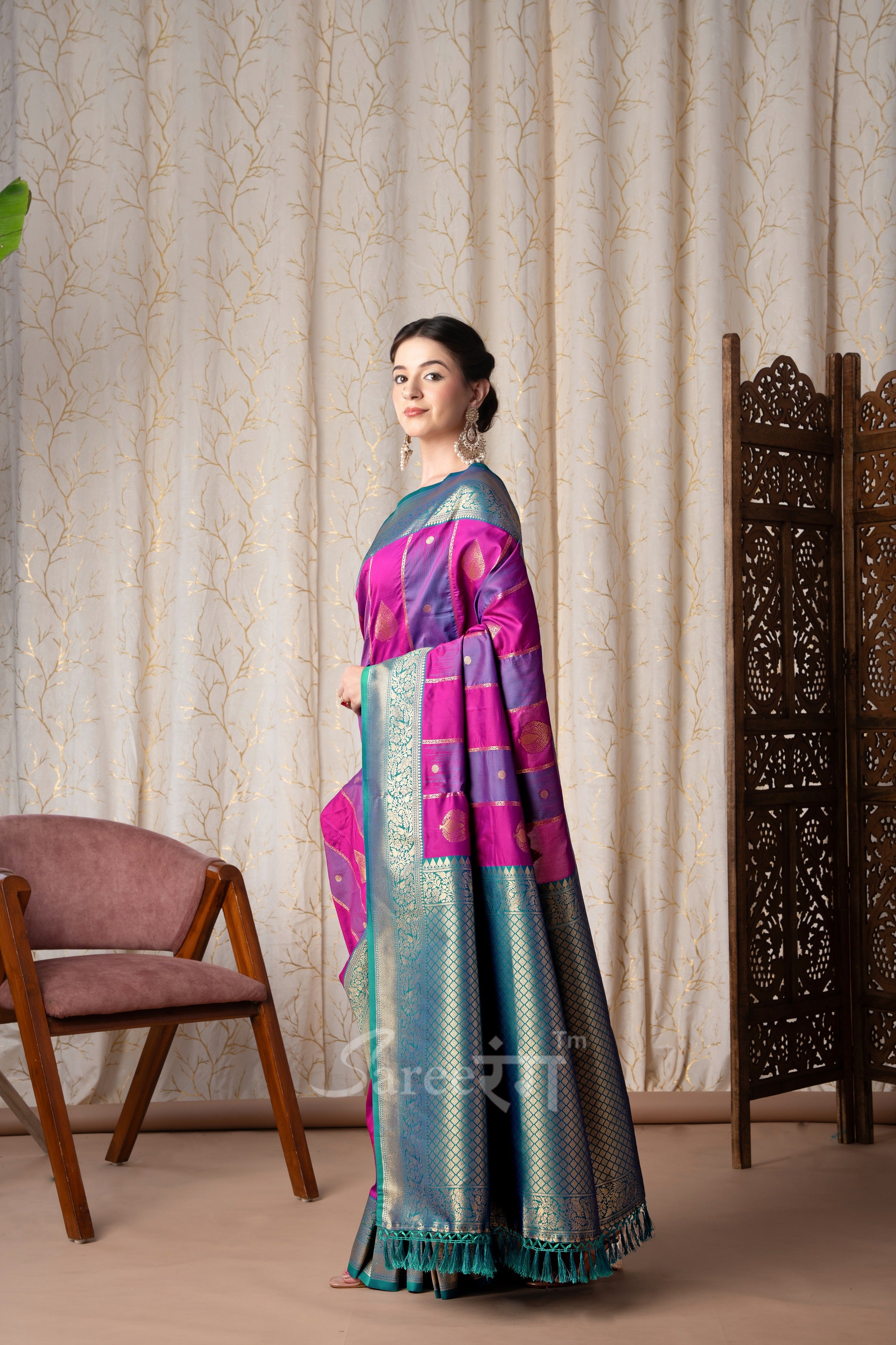 Stripe Purple And Rani Banarasi Soft Silk Zari Weaving Saree