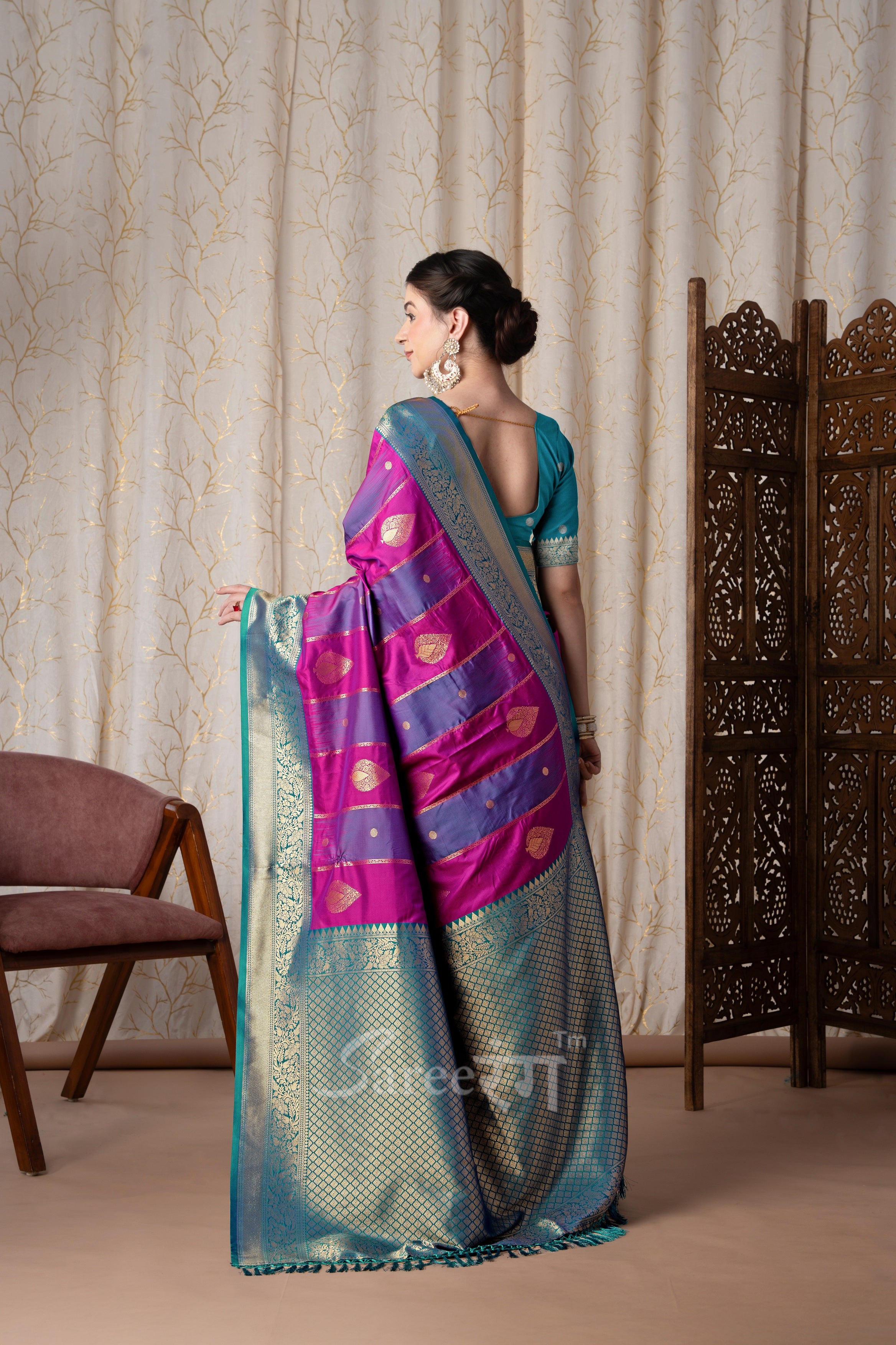 Stripe Purple And Rani Banarasi Soft Silk Zari Weaving Saree