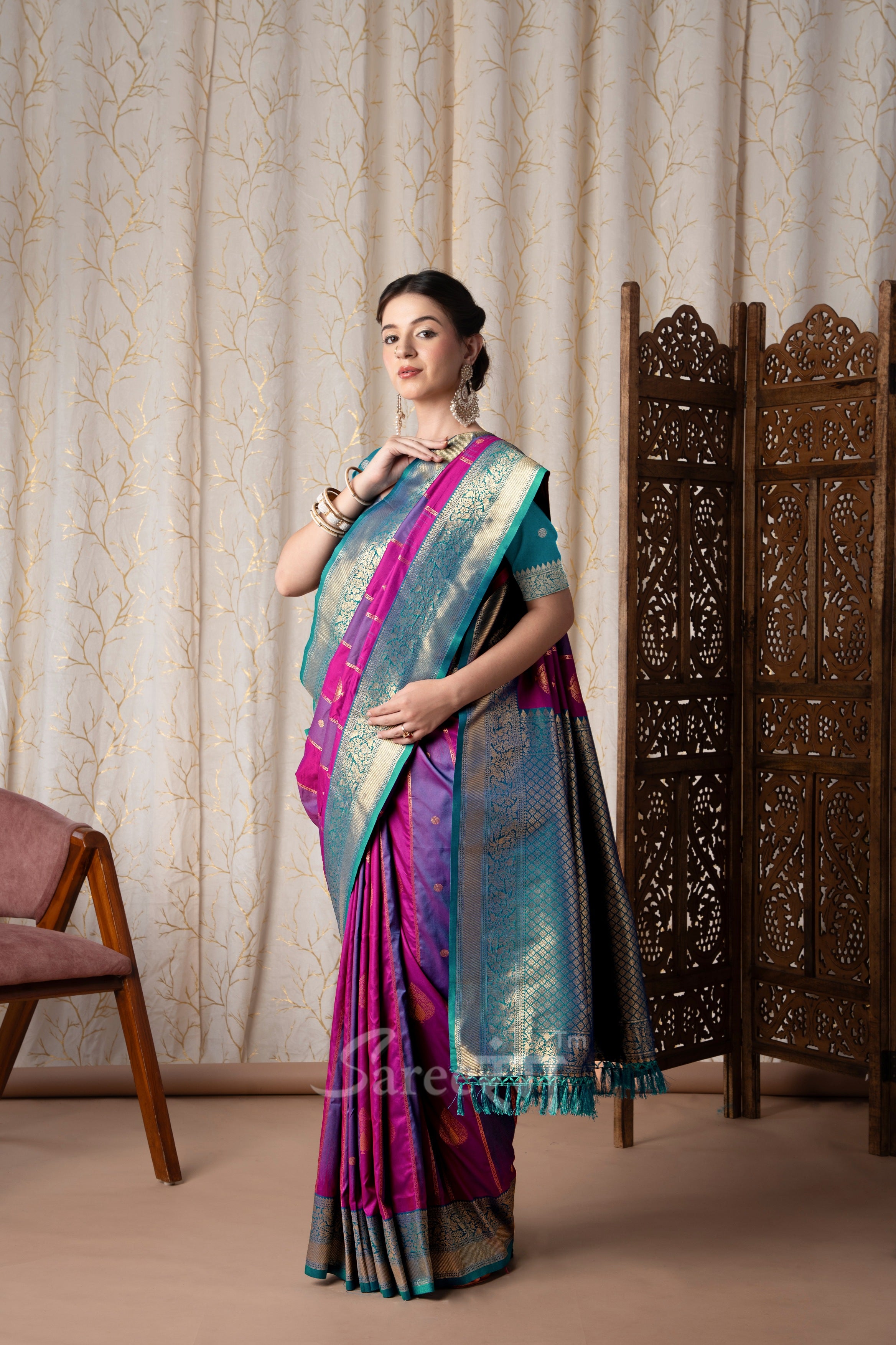 Stripe Purple And Rani Banarasi Soft Silk Zari Weaving Saree