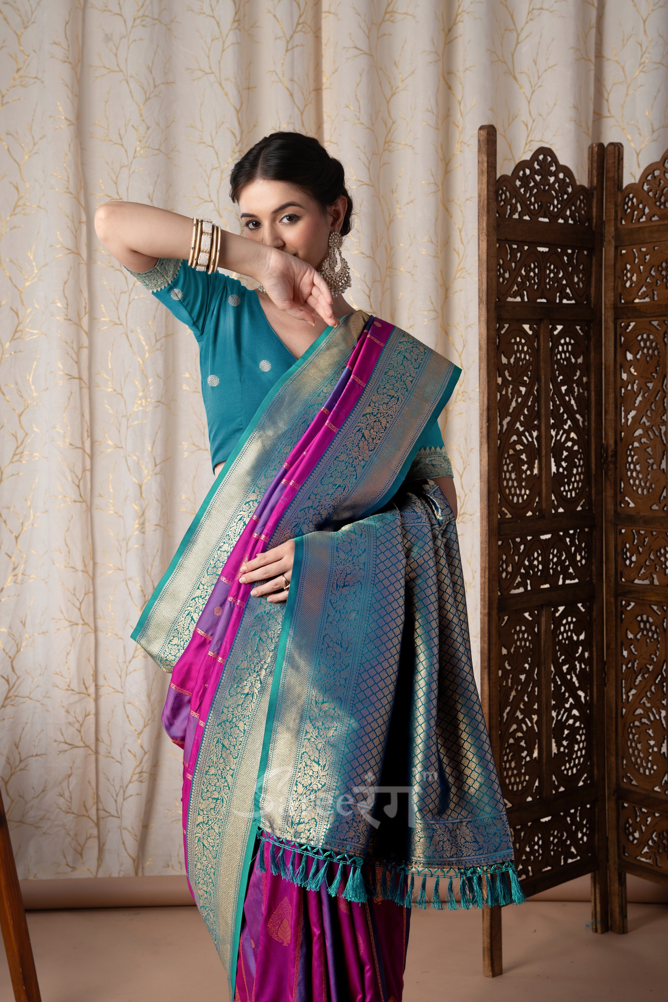 Stripe Purple And Rani Banarasi Soft Silk Zari Weaving Saree