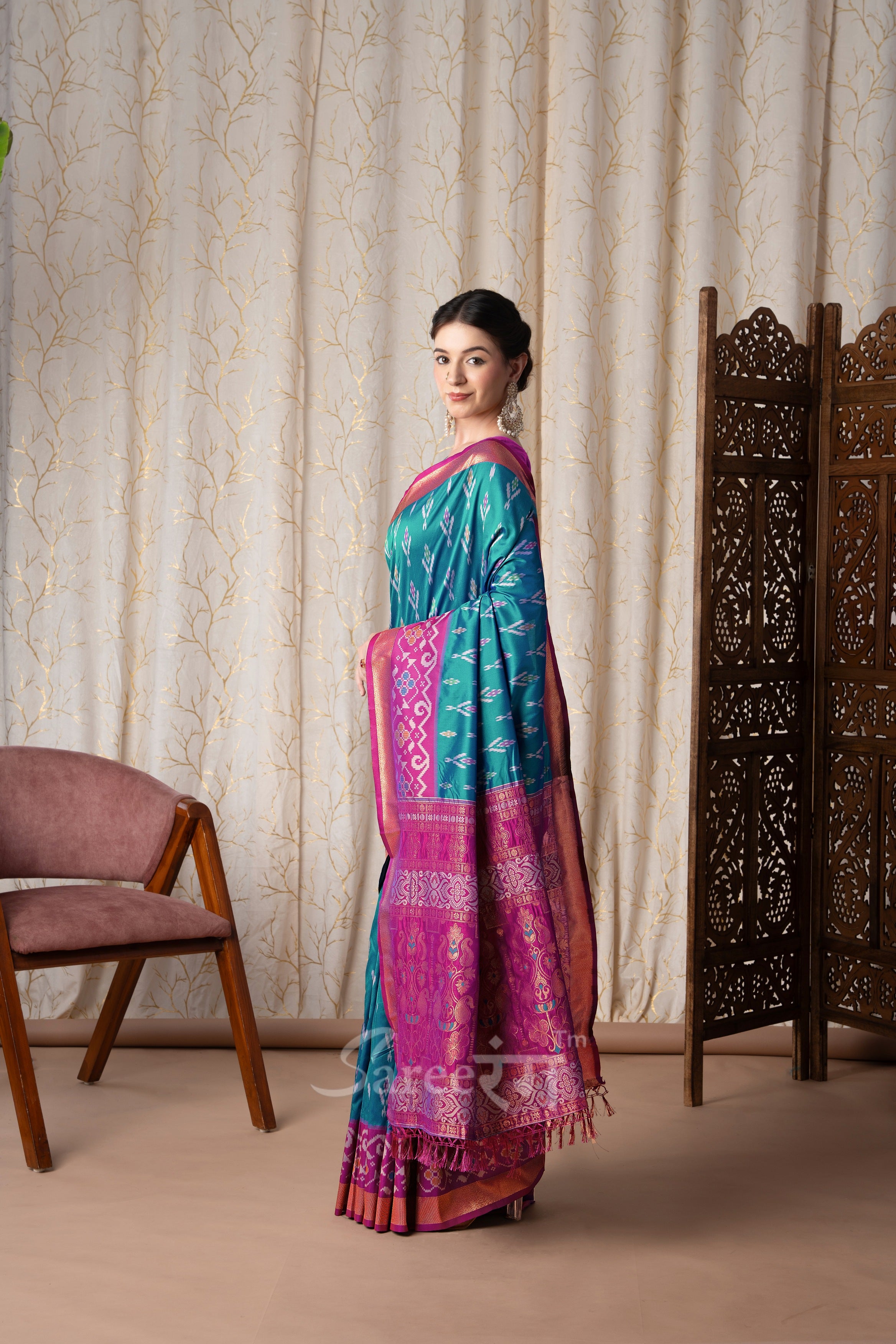 Pyramid Blue Banarasi Soft Silk Ikkat Border Saree