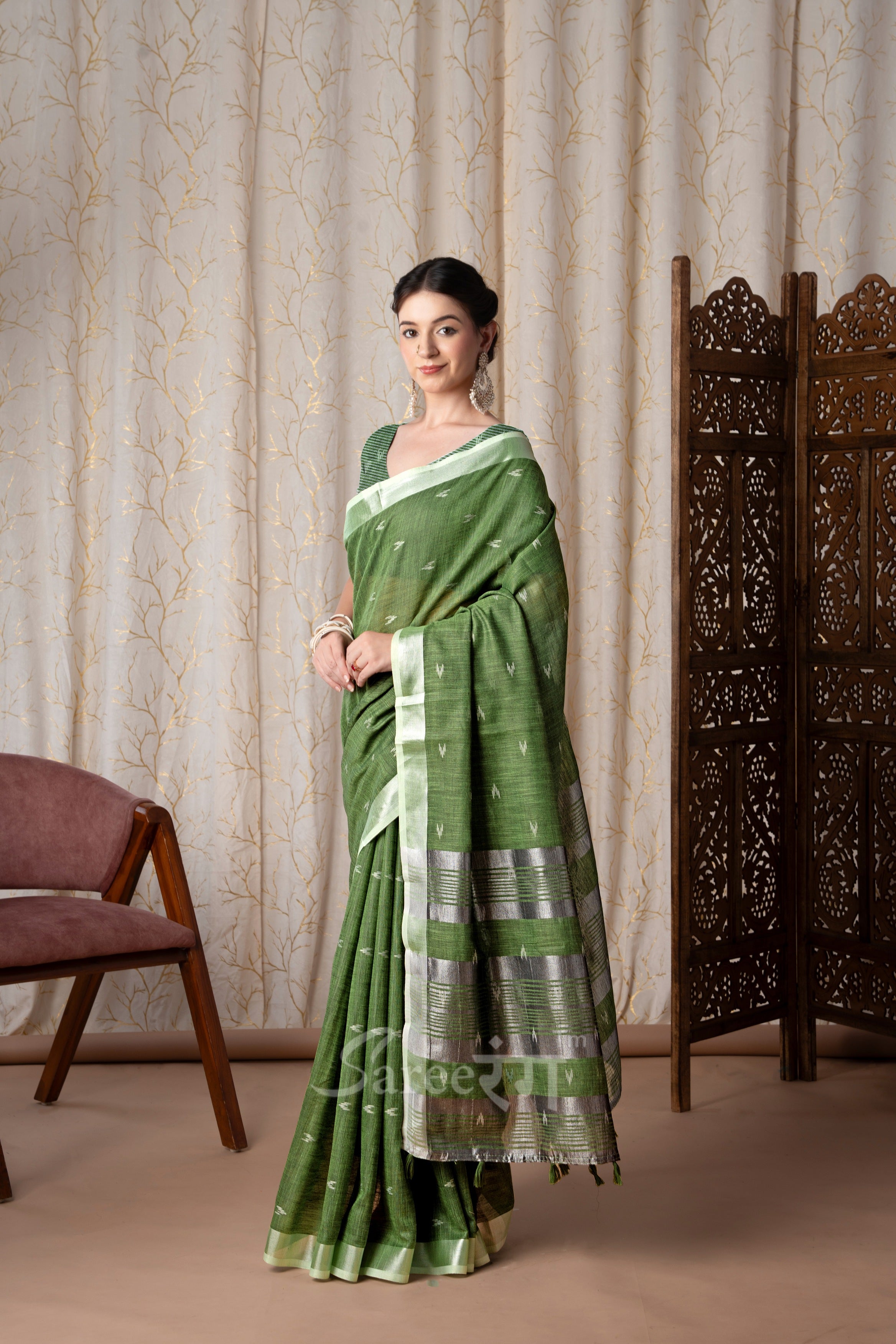 Rajmata Green Khadi Linen Butti Weaving Saree