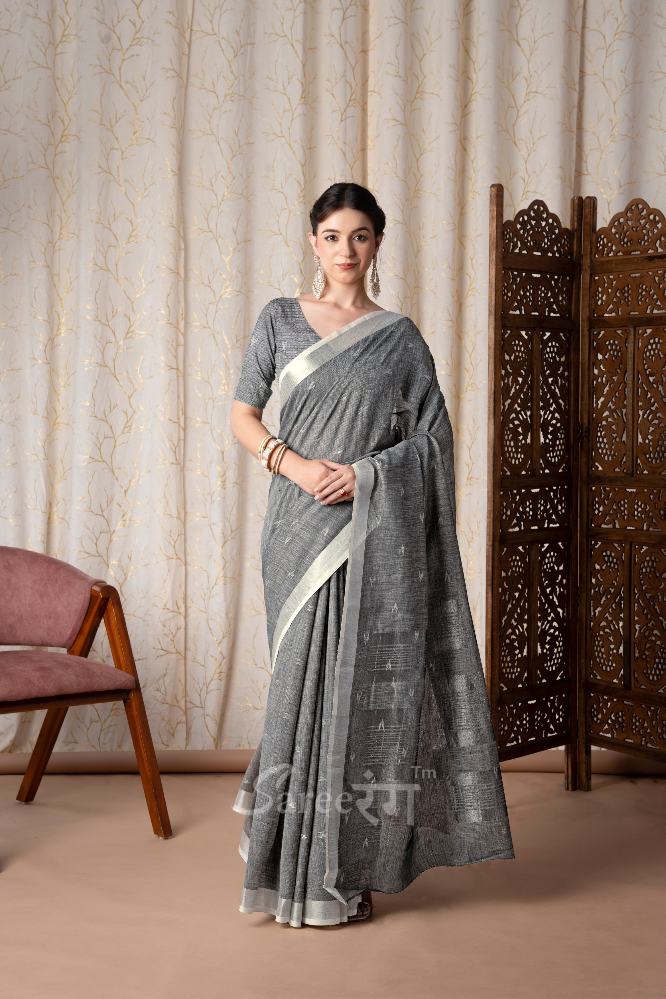 Rajmata Grey Khadi Linen Butti Weaving Saree
