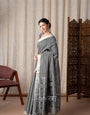 Rajmata Grey Khadi Linen Butti Weaving Saree