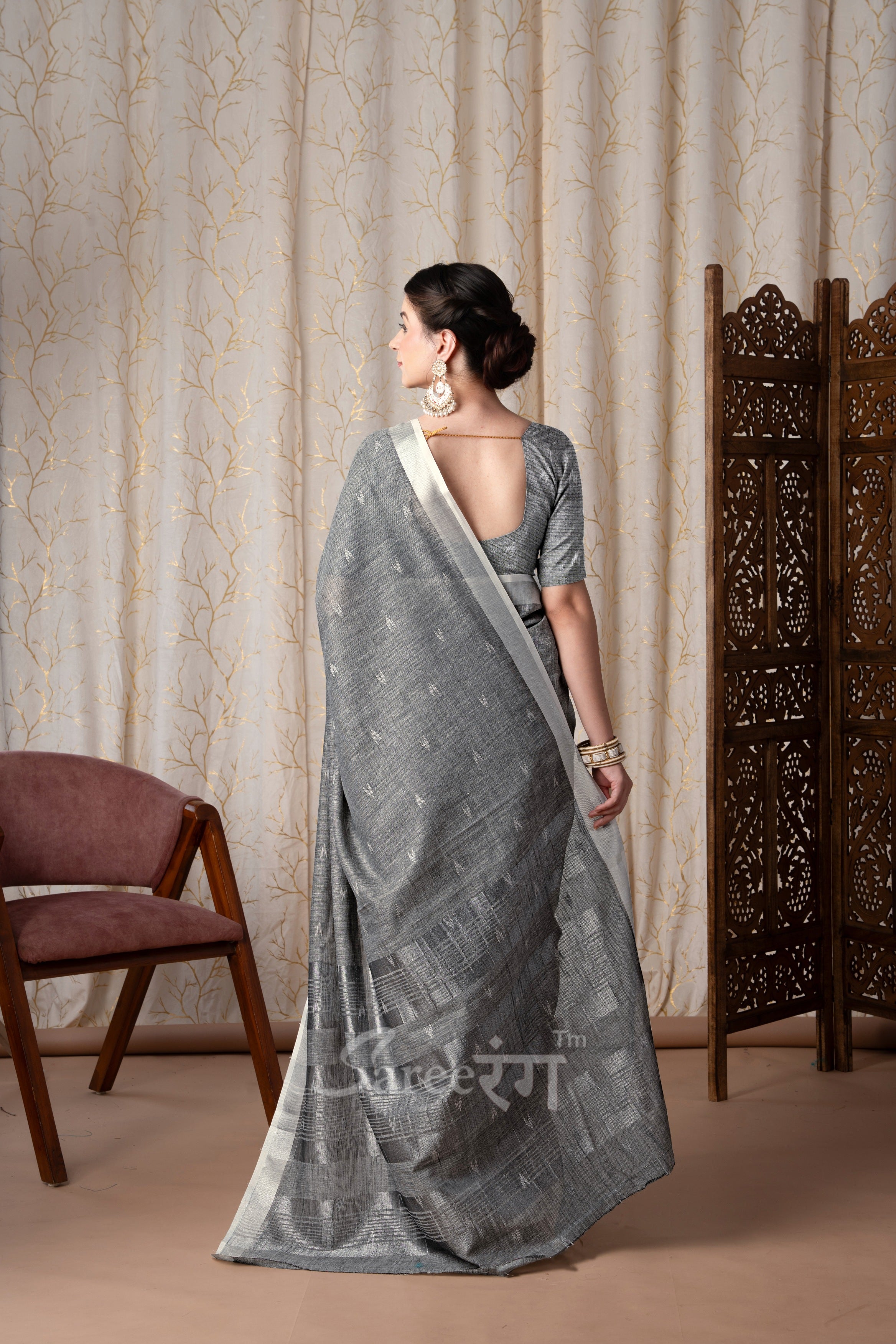 Rajmata Grey Khadi Linen Butti Weaving Saree