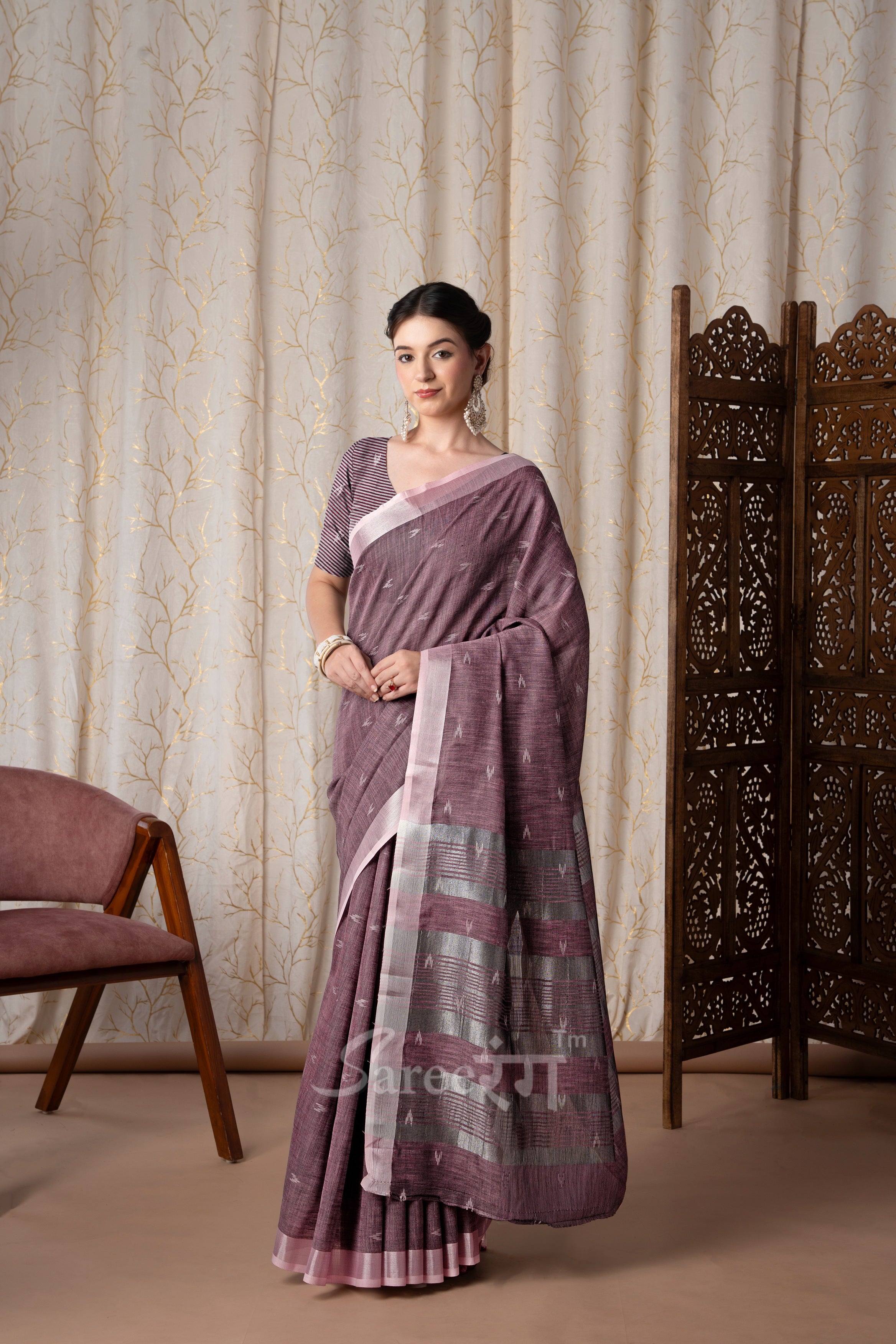 Rajmata Pink Khadi Linen Butti Weaving Saree
