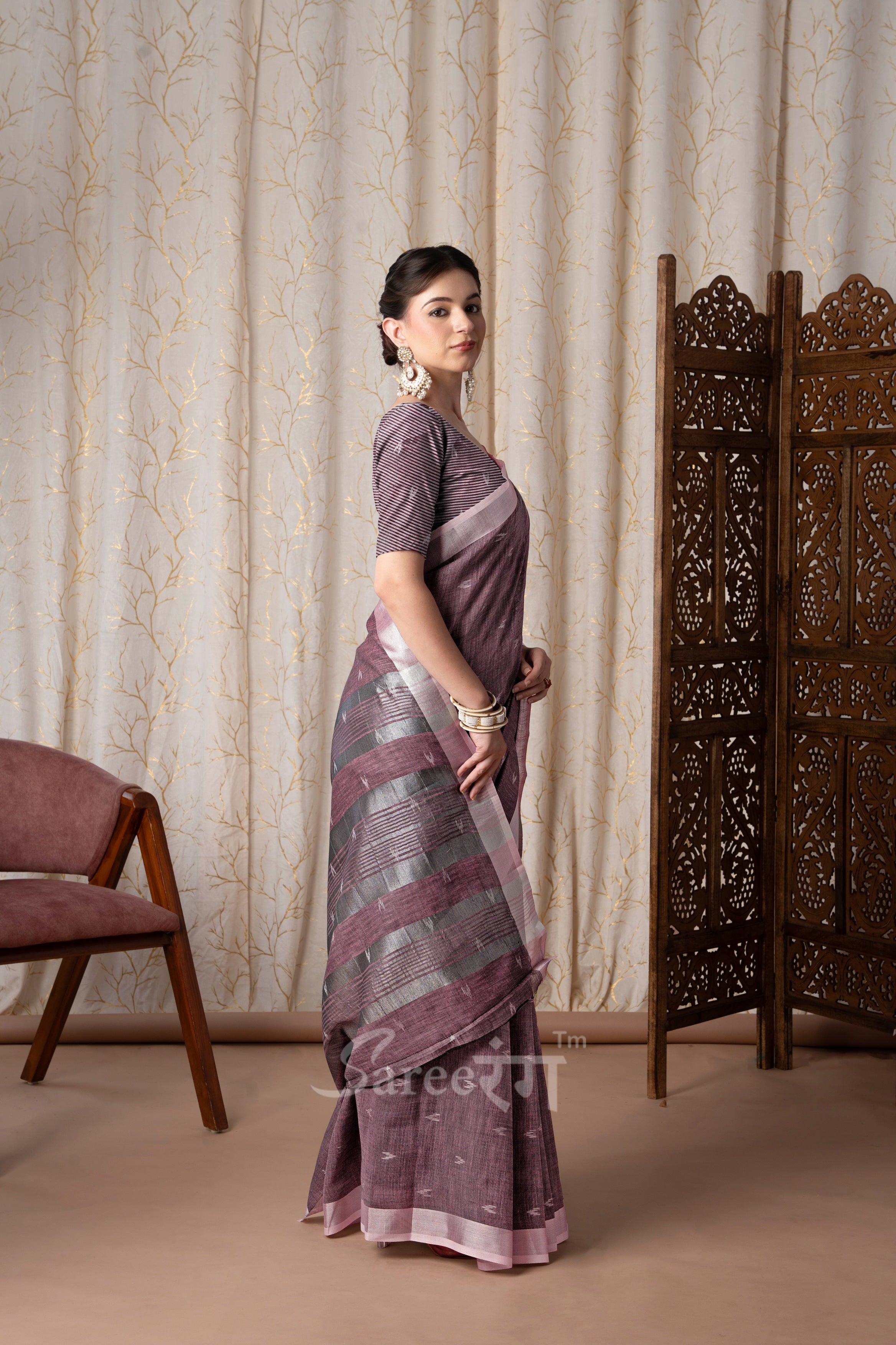 Rajmata Pink Khadi Linen Butti Weaving Saree