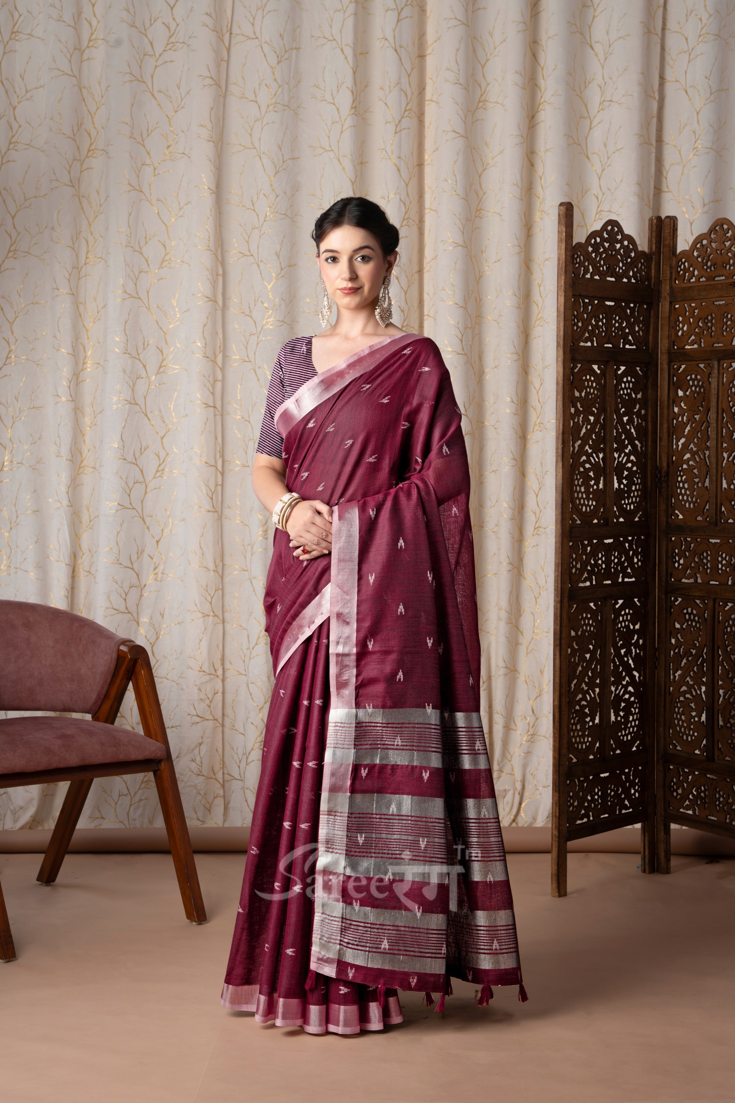 Rajmata Maroon Khadi Linen Butti Weaving Saree