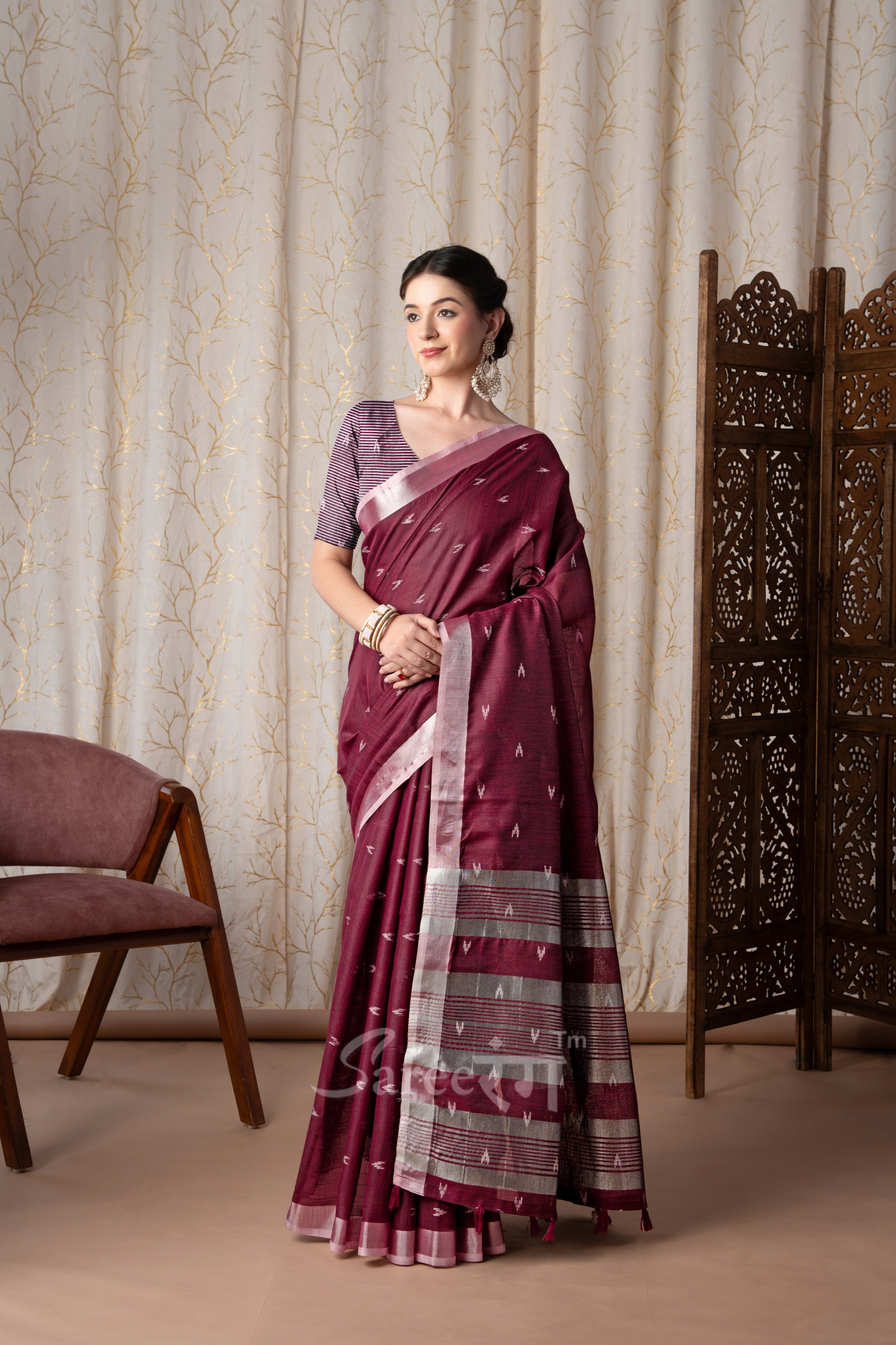 Rajmata Maroon Khadi Linen Butti Weaving Saree
