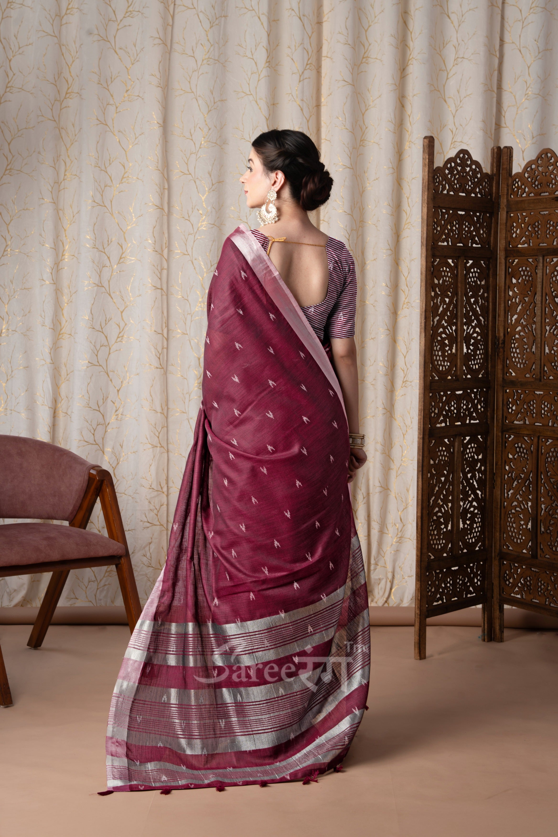 Rajmata Maroon Khadi Linen Butti Weaving Saree