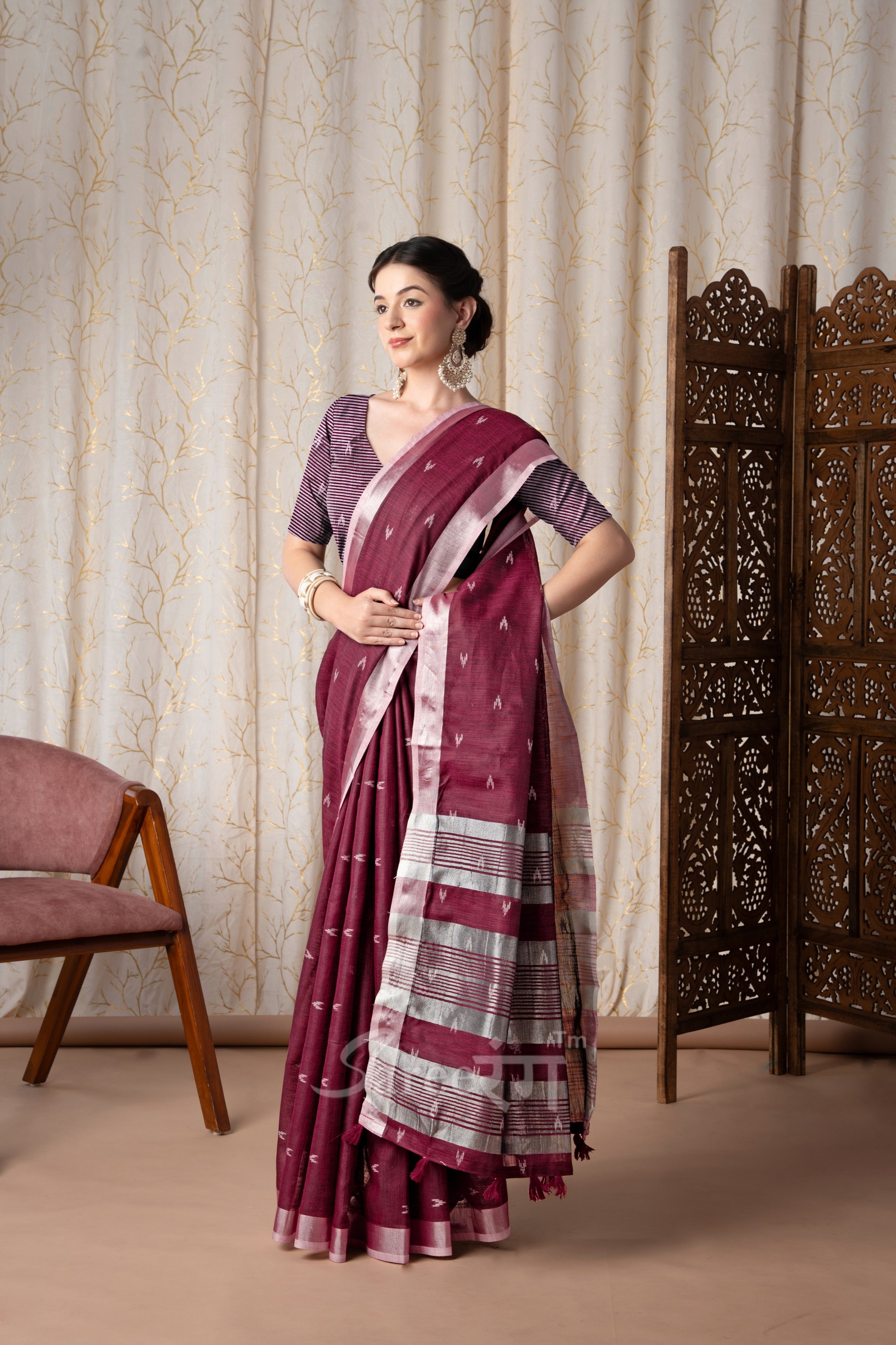 Rajmata Maroon Khadi Linen Butti Weaving Saree