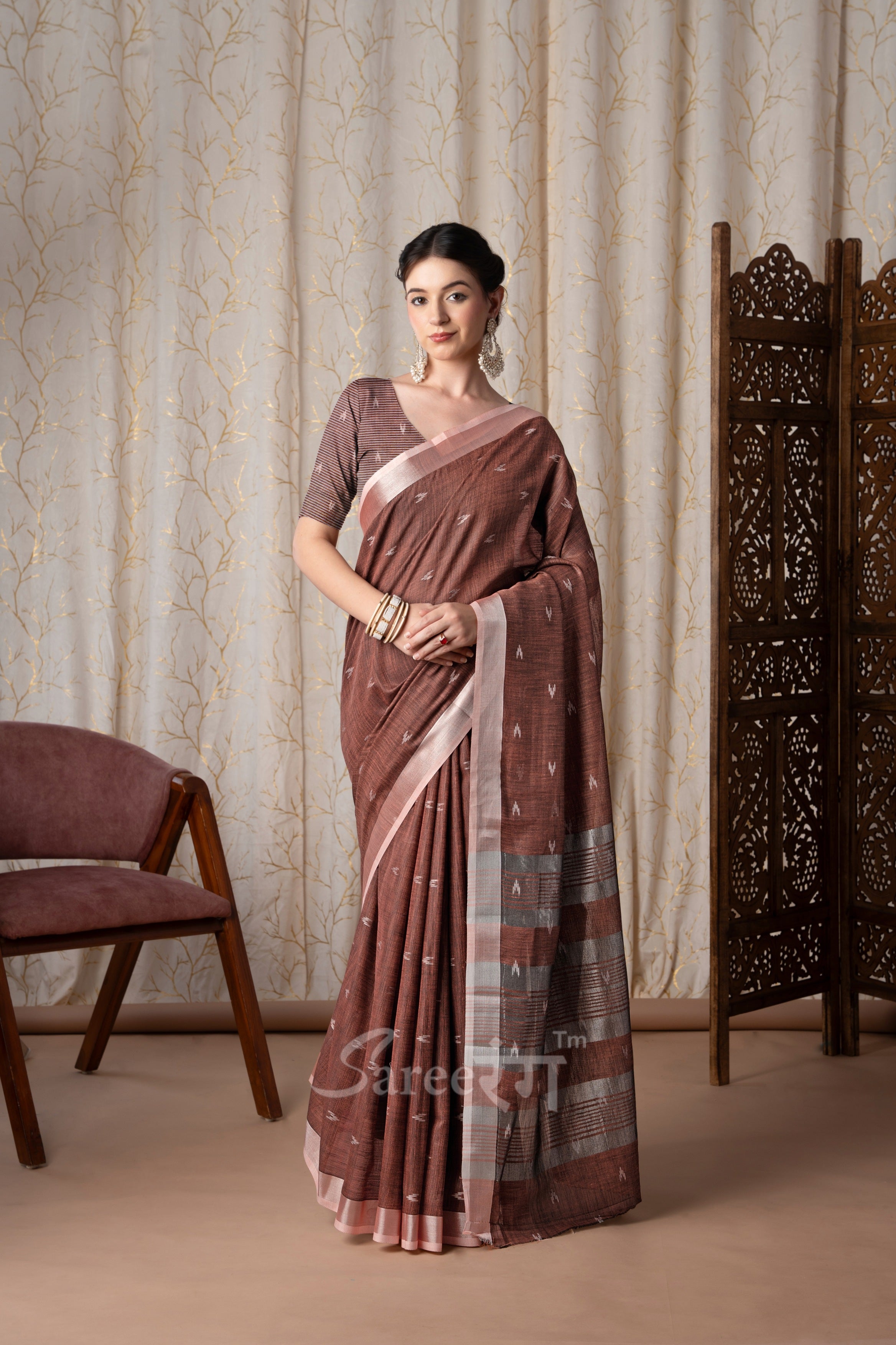 Rajmata Brown Khadi Linen Butti Weaving Saree