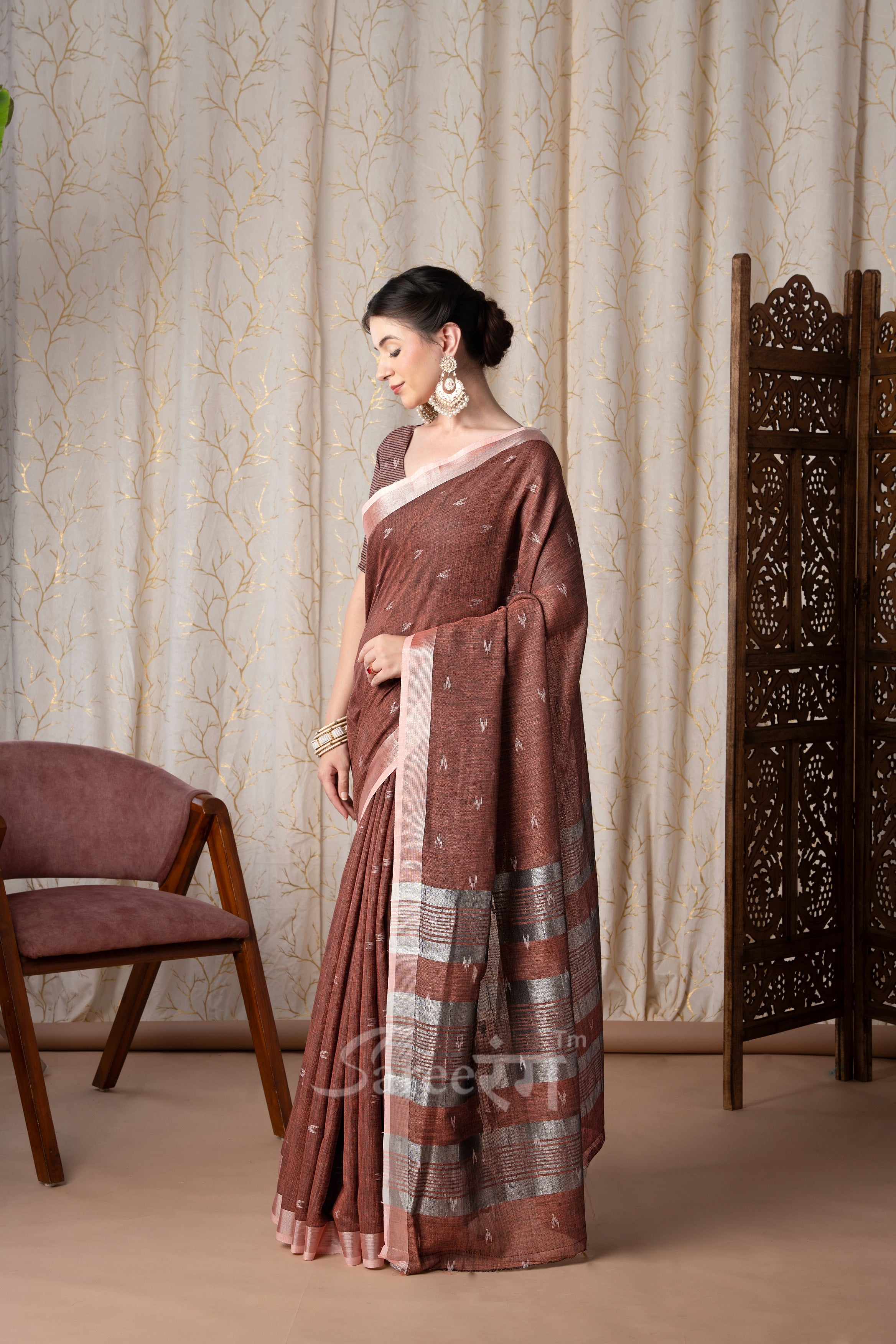Rajmata Brown Khadi Linen Butti Weaving Saree