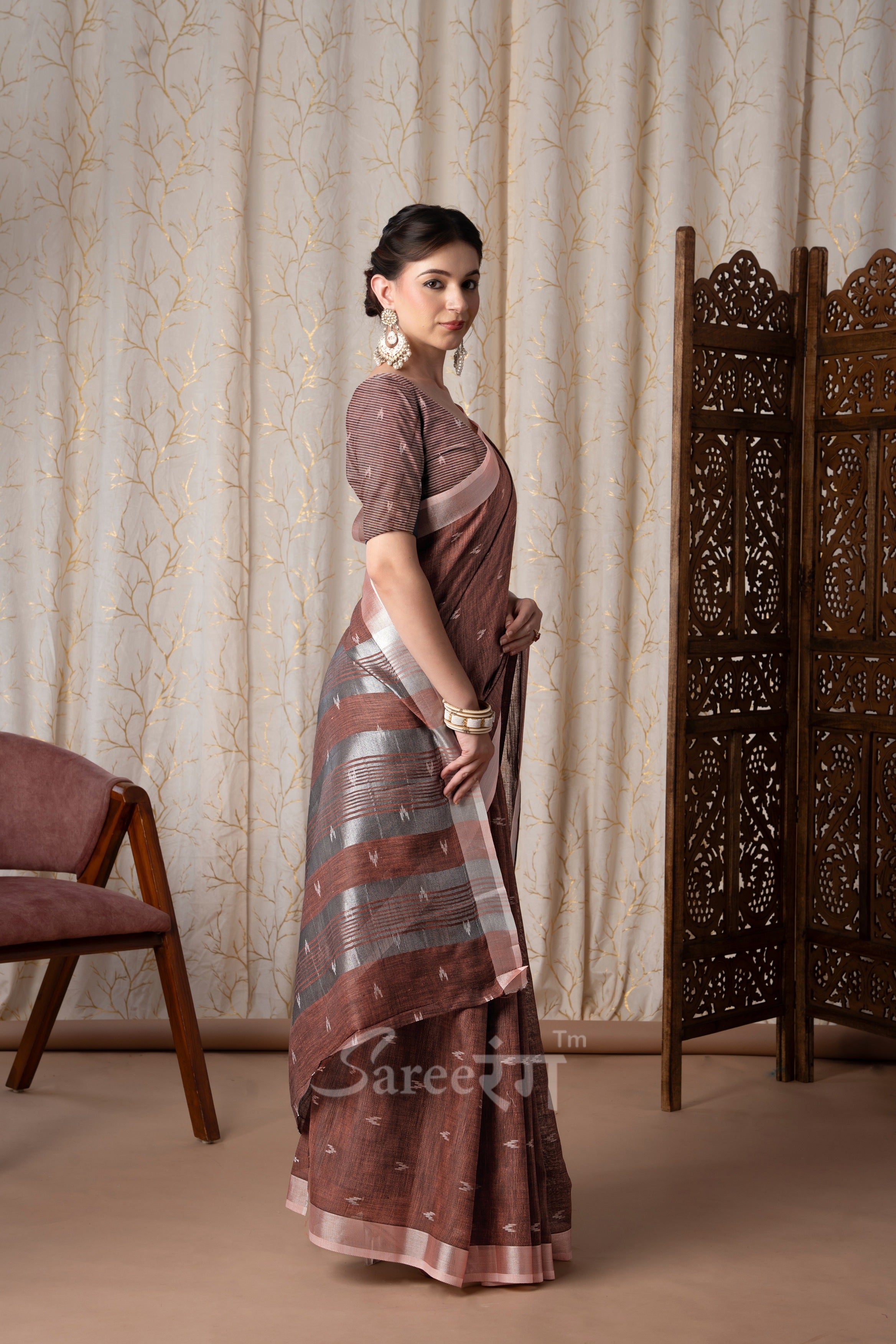 Rajmata Brown Khadi Linen Butti Weaving Saree