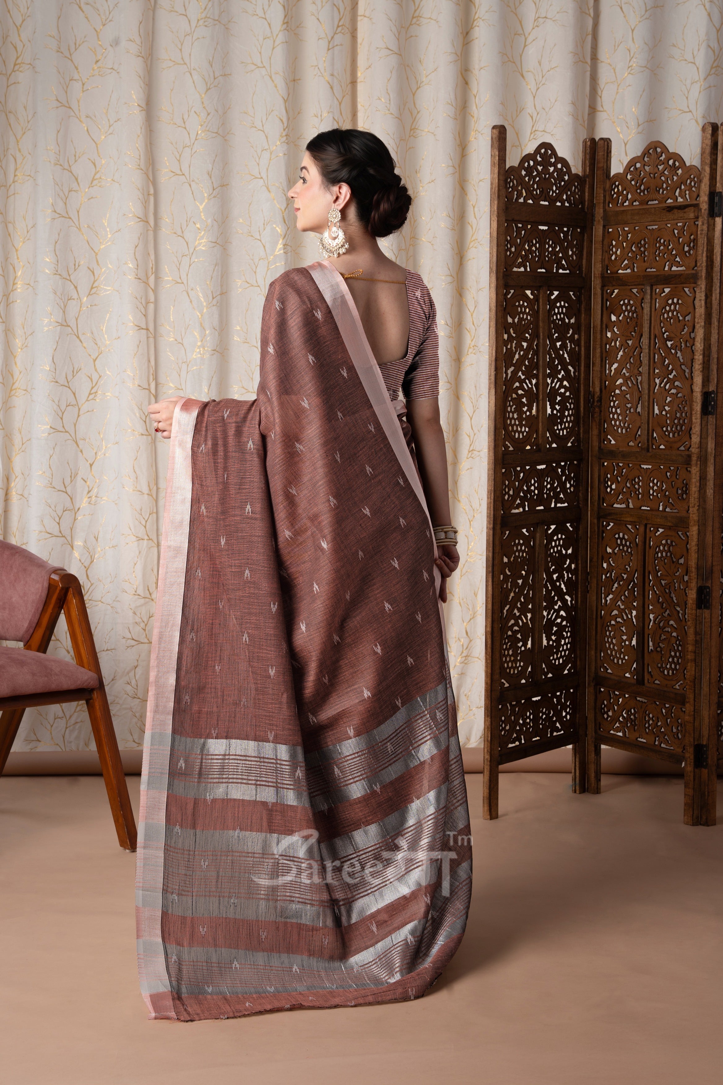 Rajmata Brown Khadi Linen Butti Weaving Saree