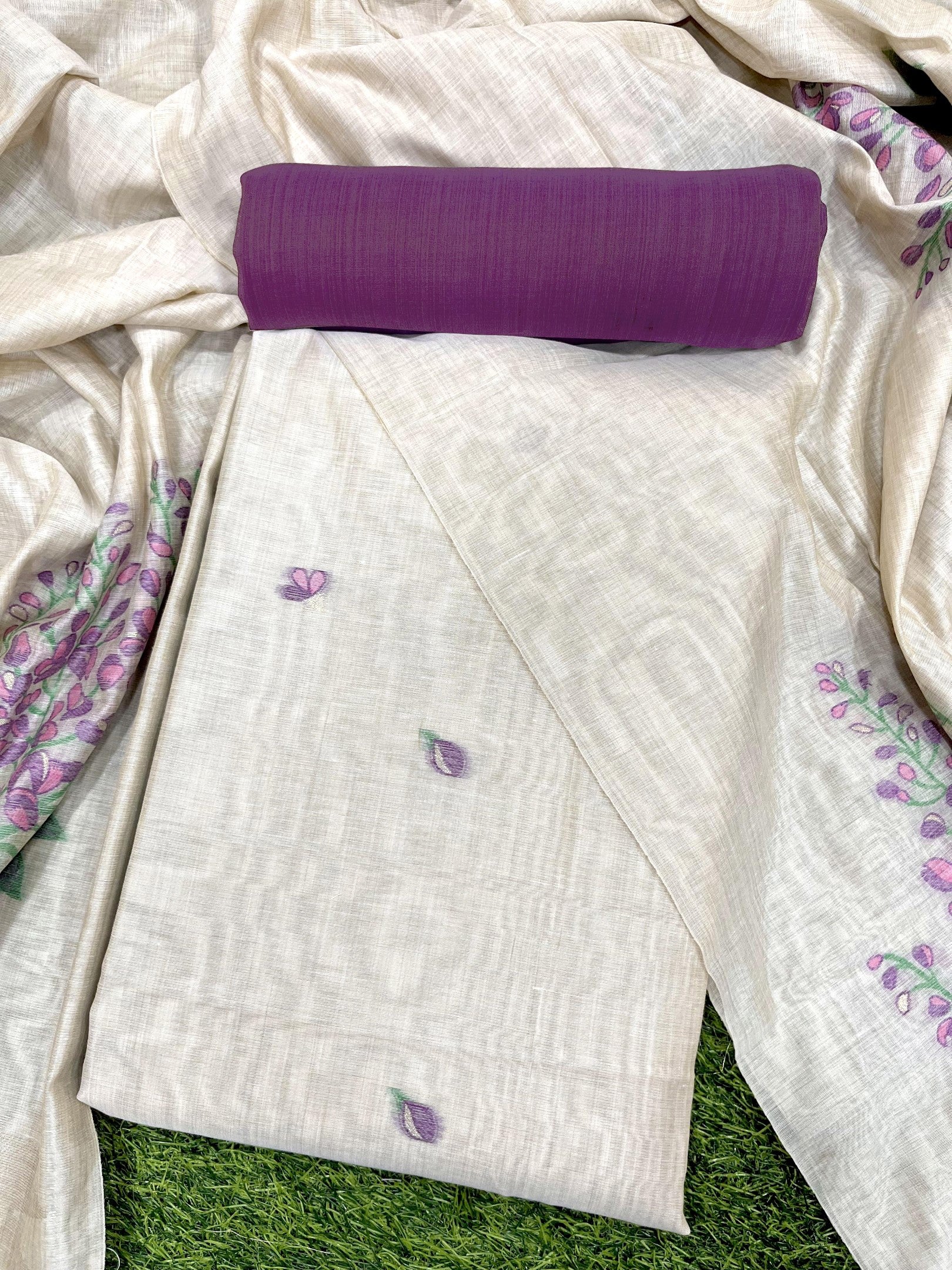 Lavender Pure Soft Muga Cotton Flower Weaving Unstitched Dress Material