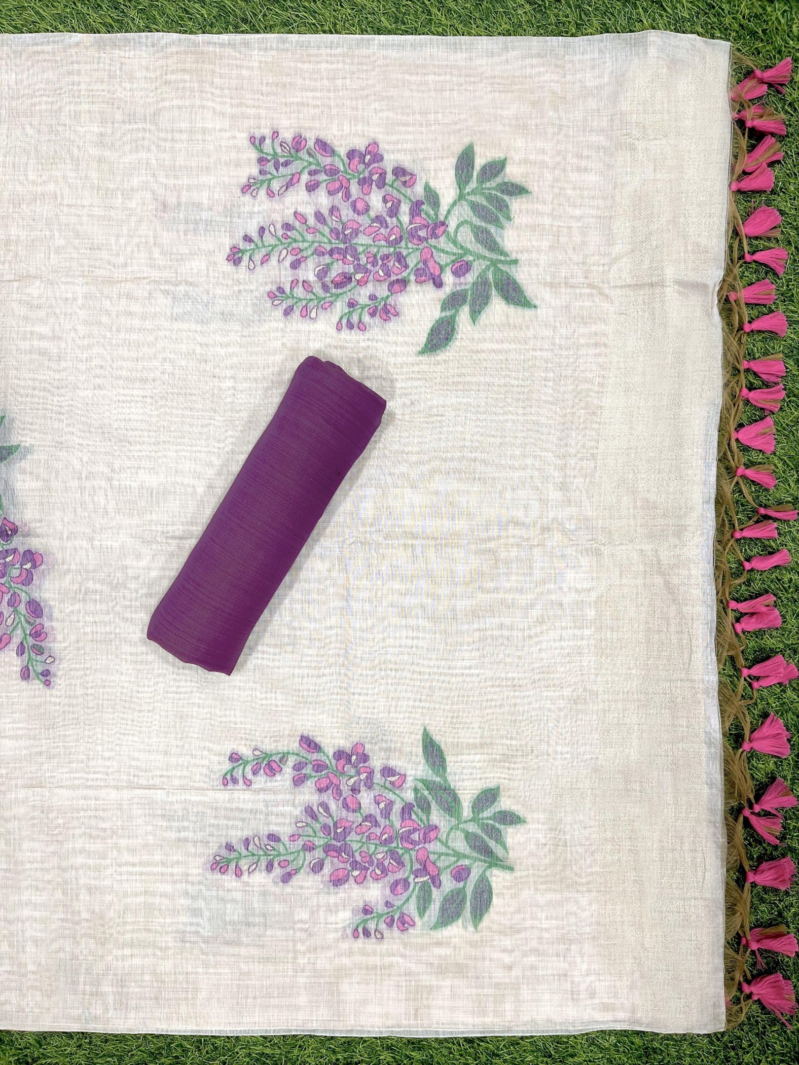 Lavender Pure Soft Muga Cotton Flower Weaving Unstitched Dress Material