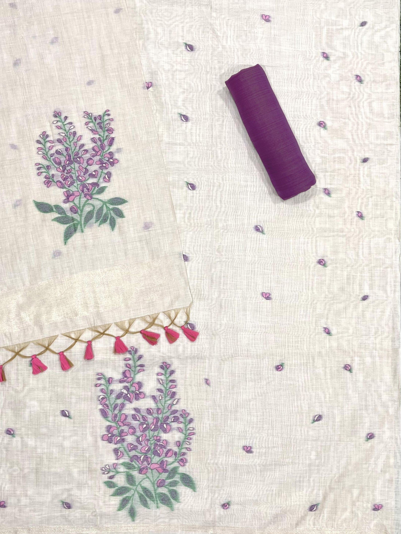 Lavender Pure Soft Muga Cotton Flower Weaving Unstitched Dress Material