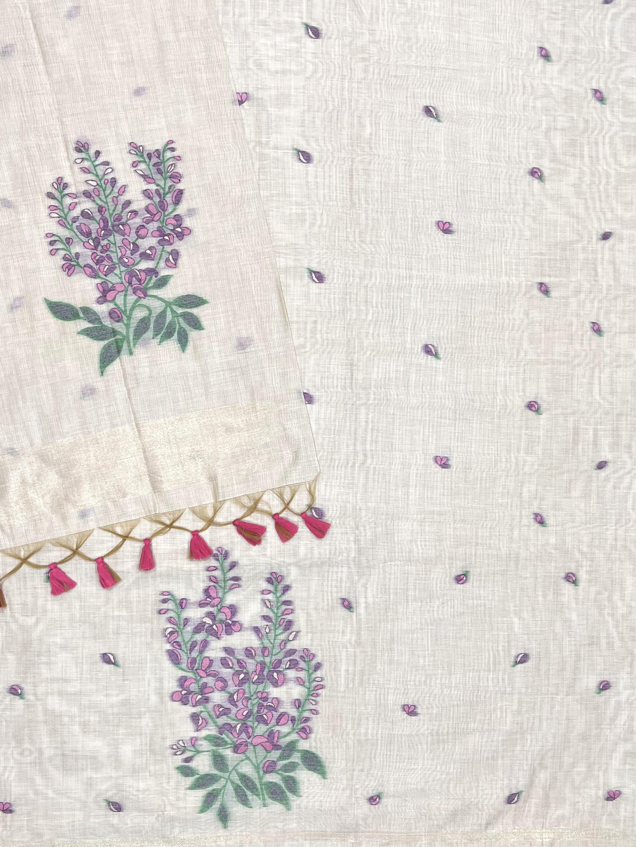 Lavender Pure Soft Muga Cotton Flower Weaving Unstitched Dress Material