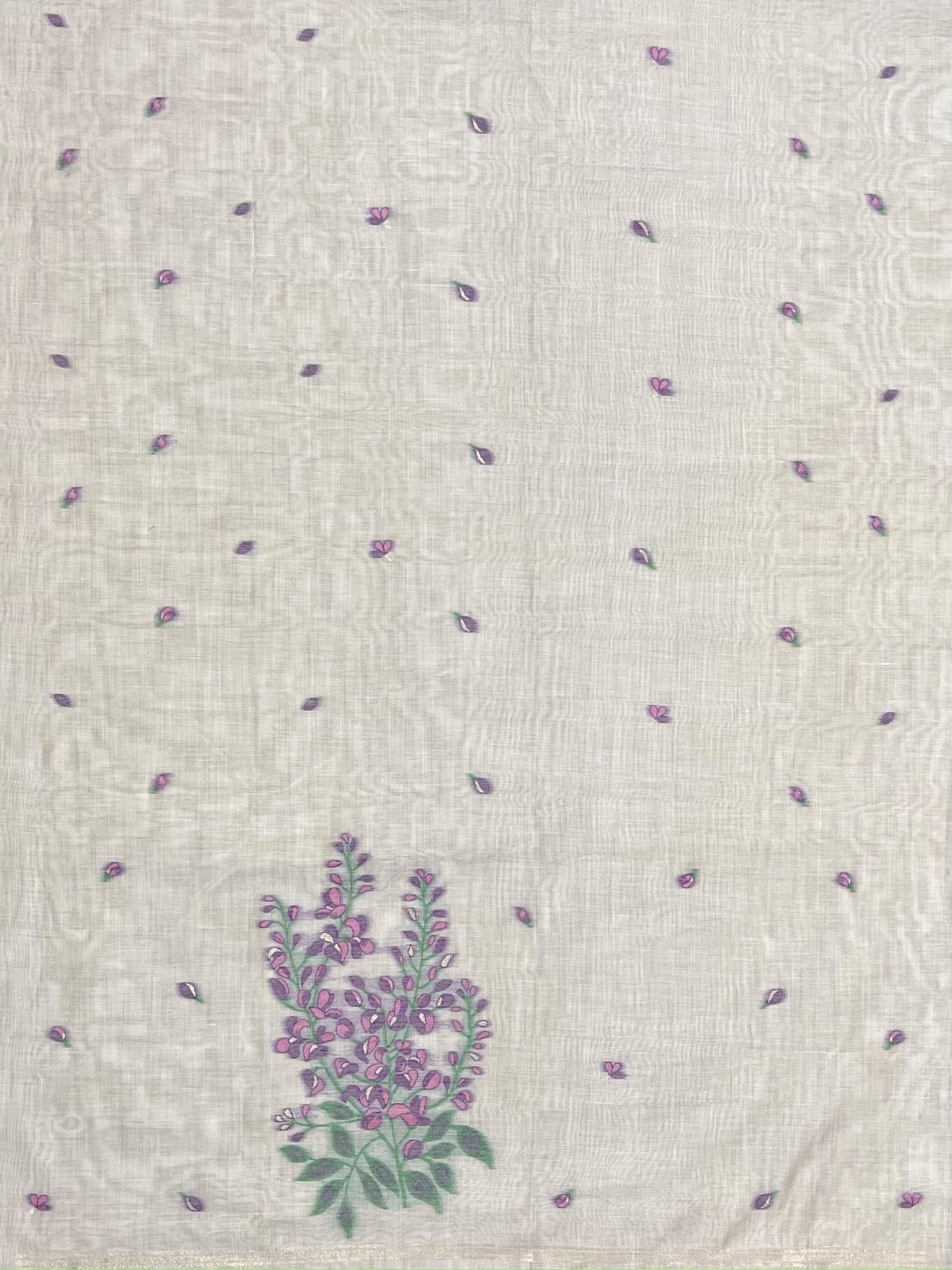 Lavender Pure Soft Muga Cotton Flower Weaving Unstitched Dress Material