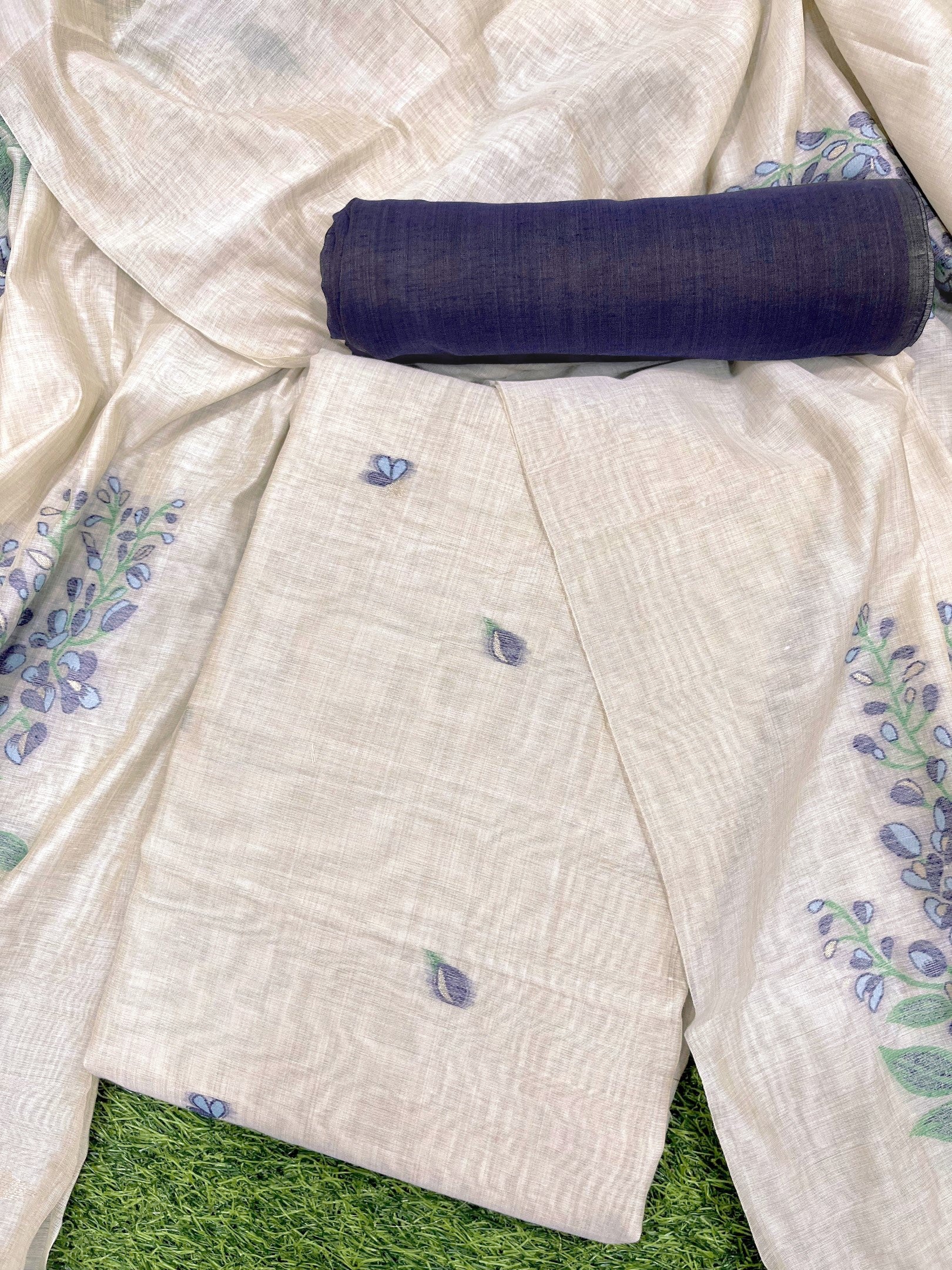 Ebony Clay Pure Soft Muga Cotton Flower Weaving Unstitched Dress Material