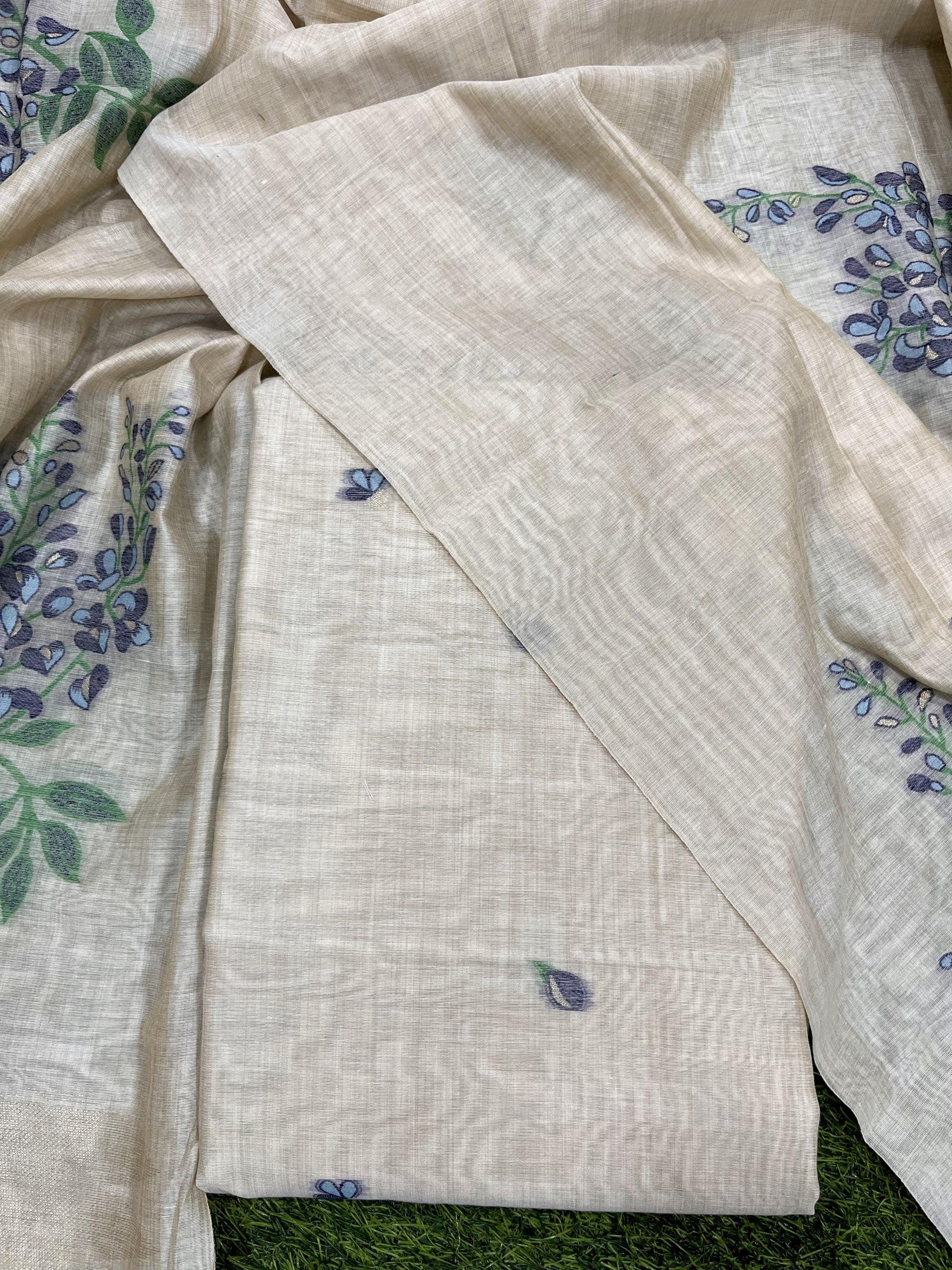 Ebony Clay Pure Soft Muga Cotton Flower Weaving Unstitched Dress Material