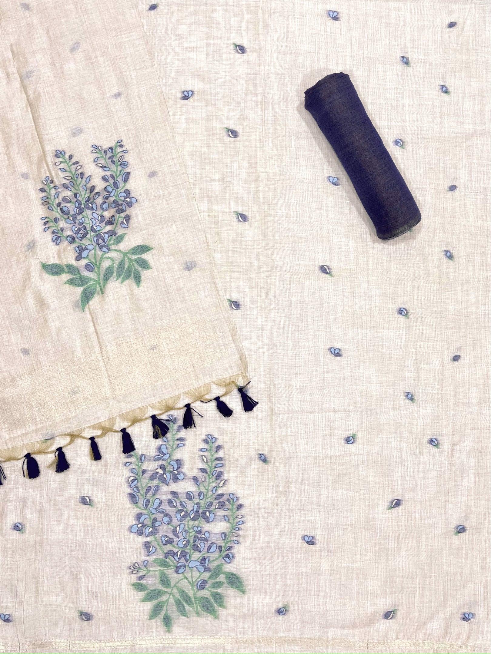 Ebony Clay Pure Soft Muga Cotton Flower Weaving Unstitched Dress Material