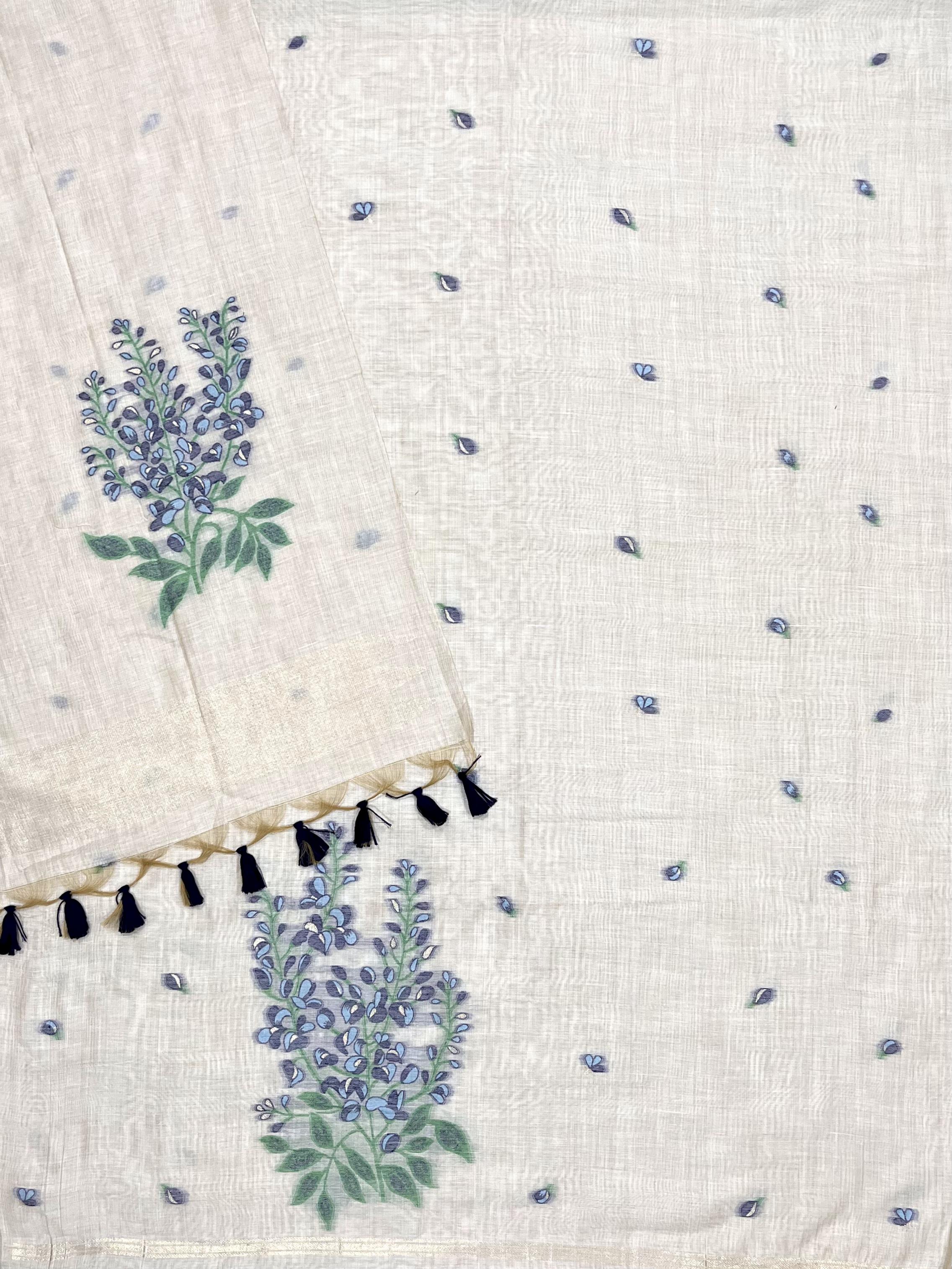 Ebony Clay Pure Soft Muga Cotton Flower Weaving Unstitched Dress Material