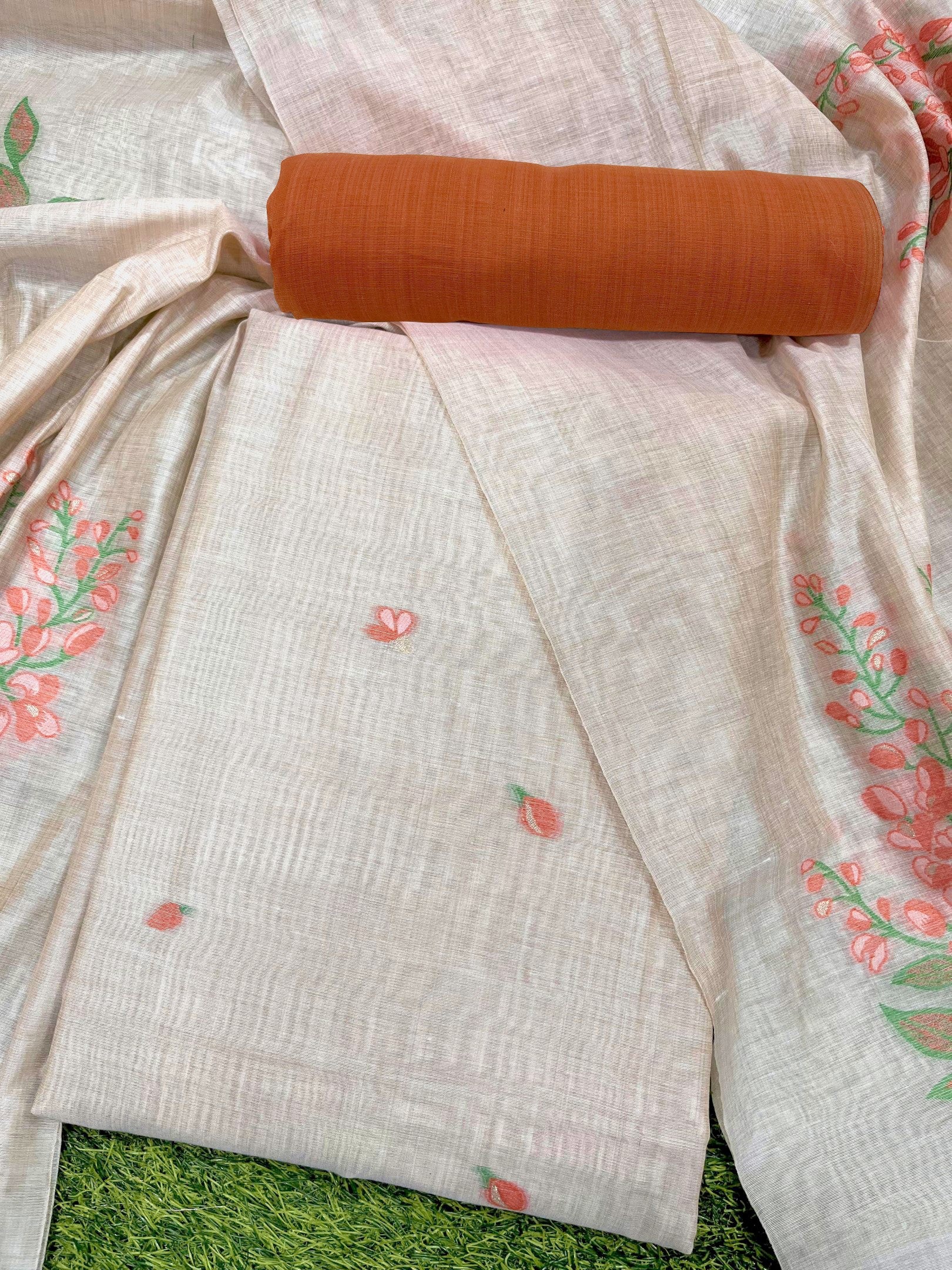 Orange Pure Soft Muga Cotton Flower Weaving Unstitched Dress Material