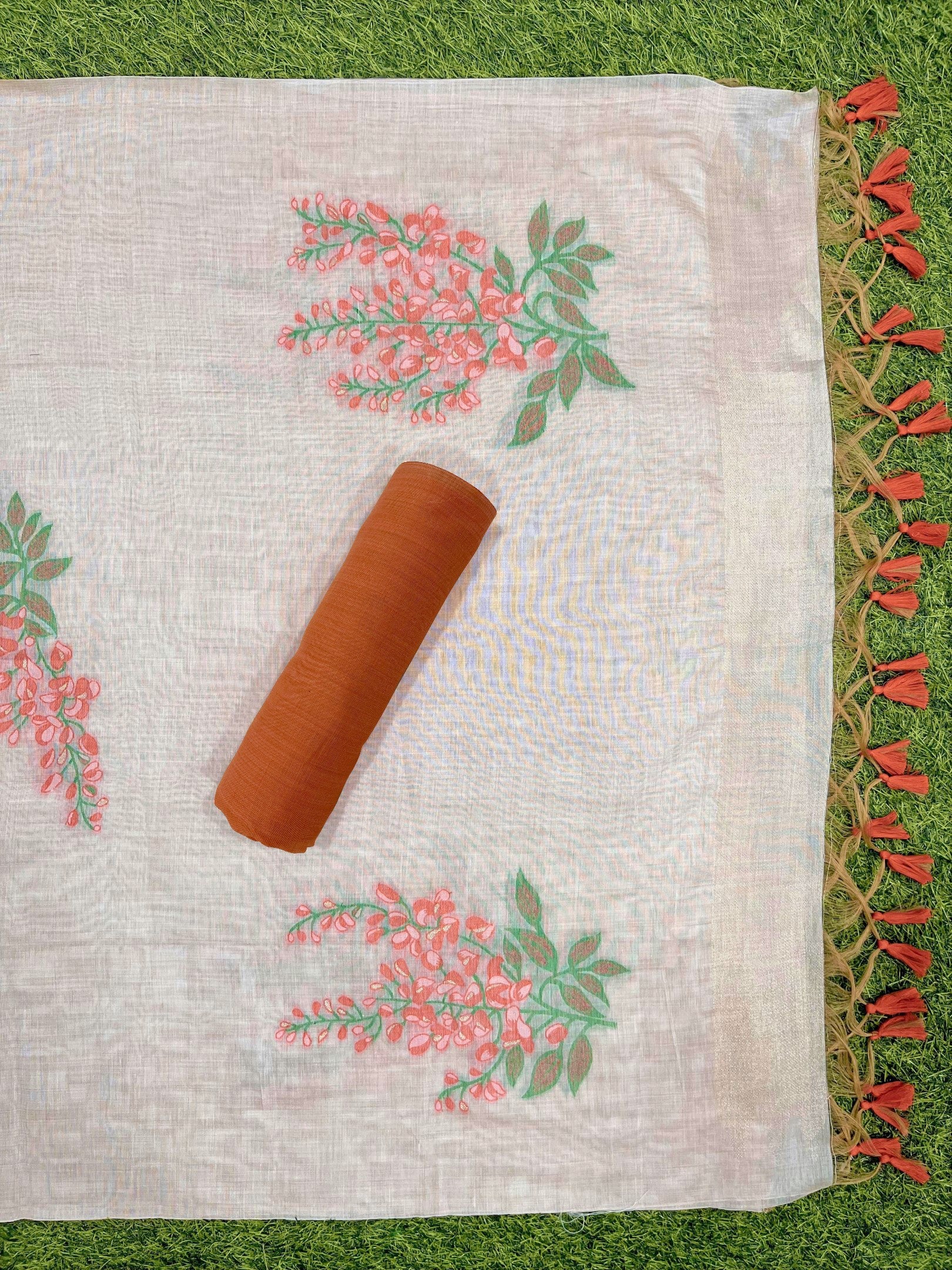 Orange Pure Soft Muga Cotton Flower Weaving Unstitched Dress Material