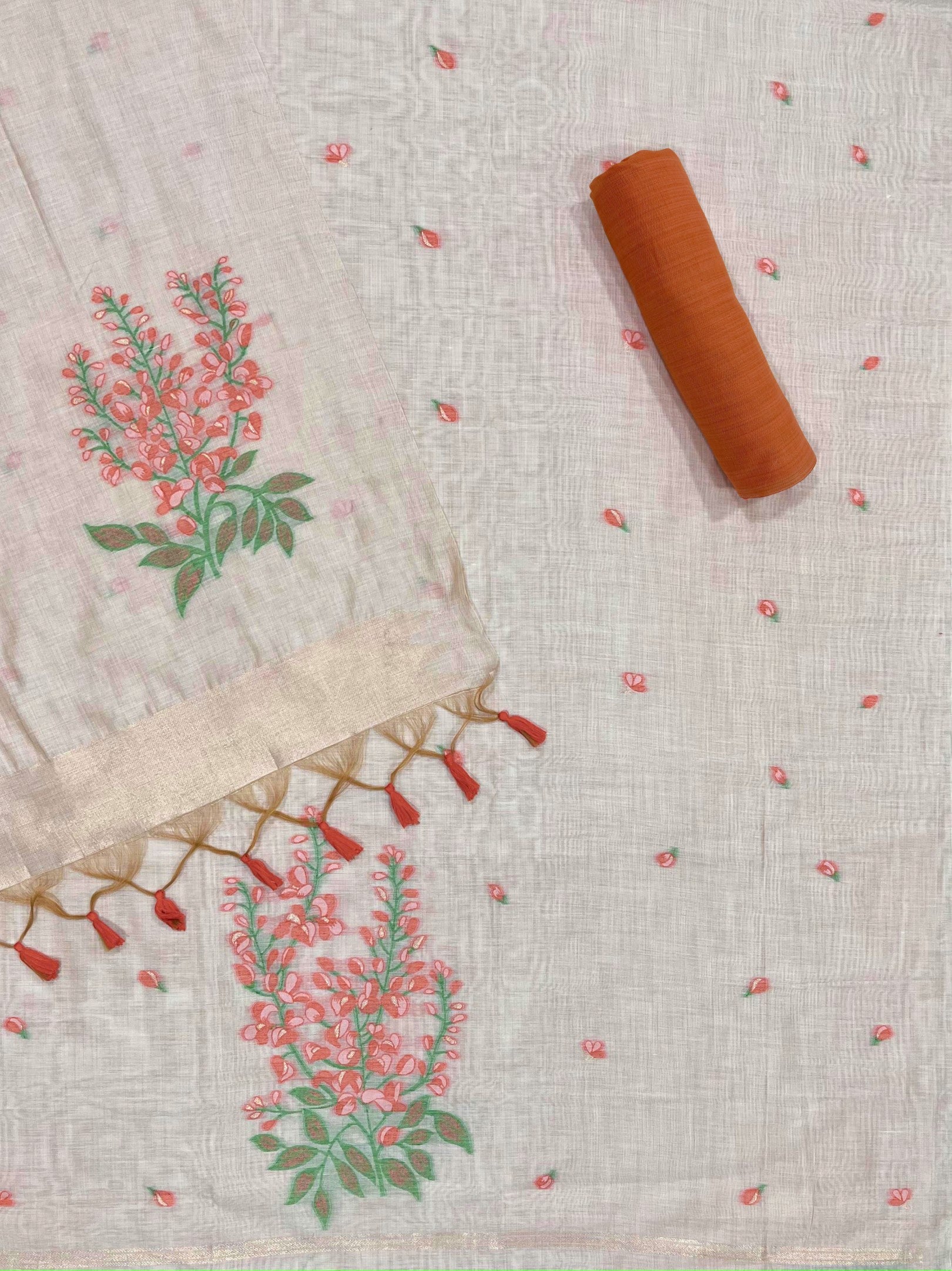 Orange Pure Soft Muga Cotton Flower Weaving Unstitched Dress Material