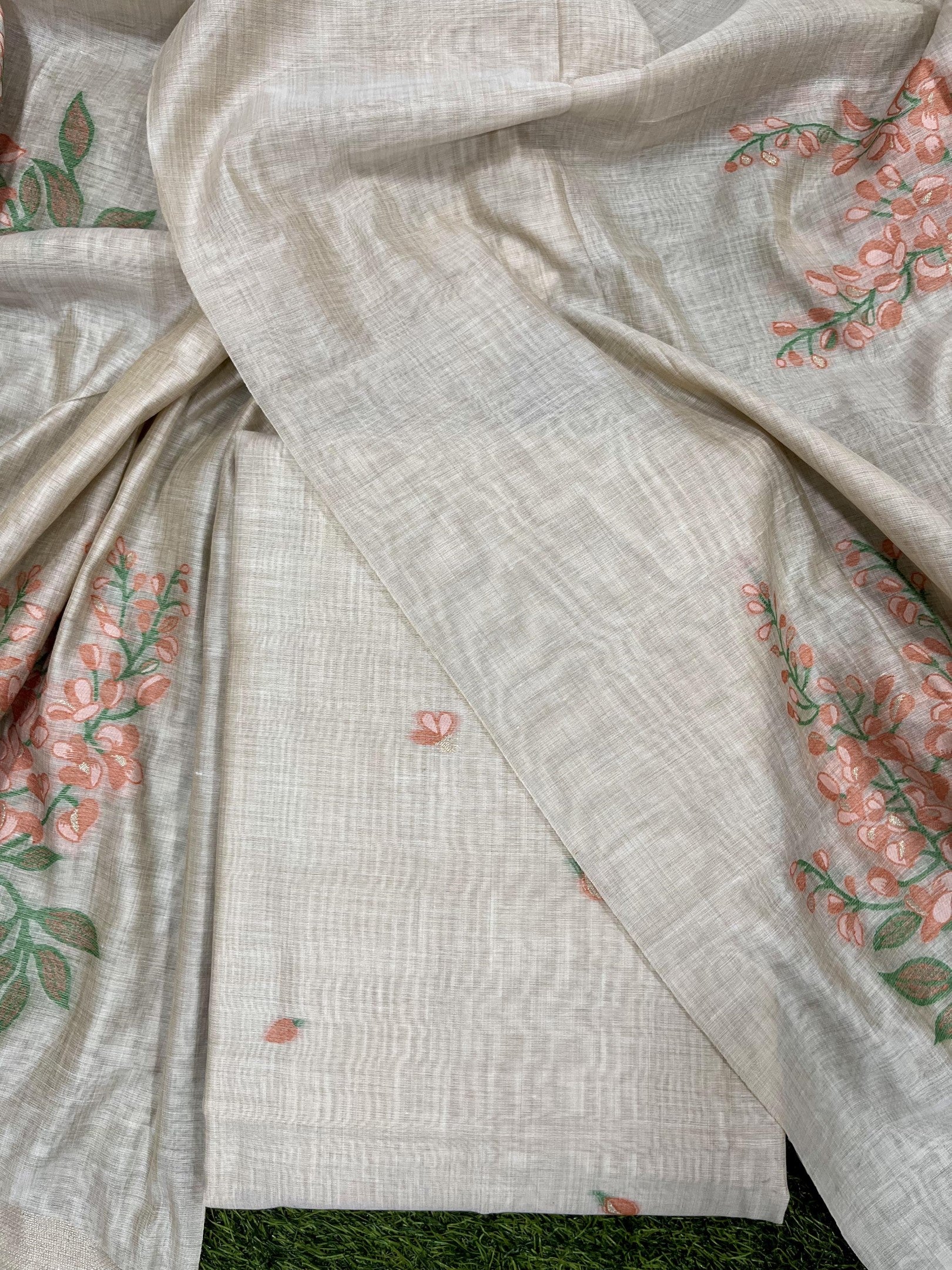 Orange Pure Soft Muga Cotton Flower Weaving Unstitched Dress Material