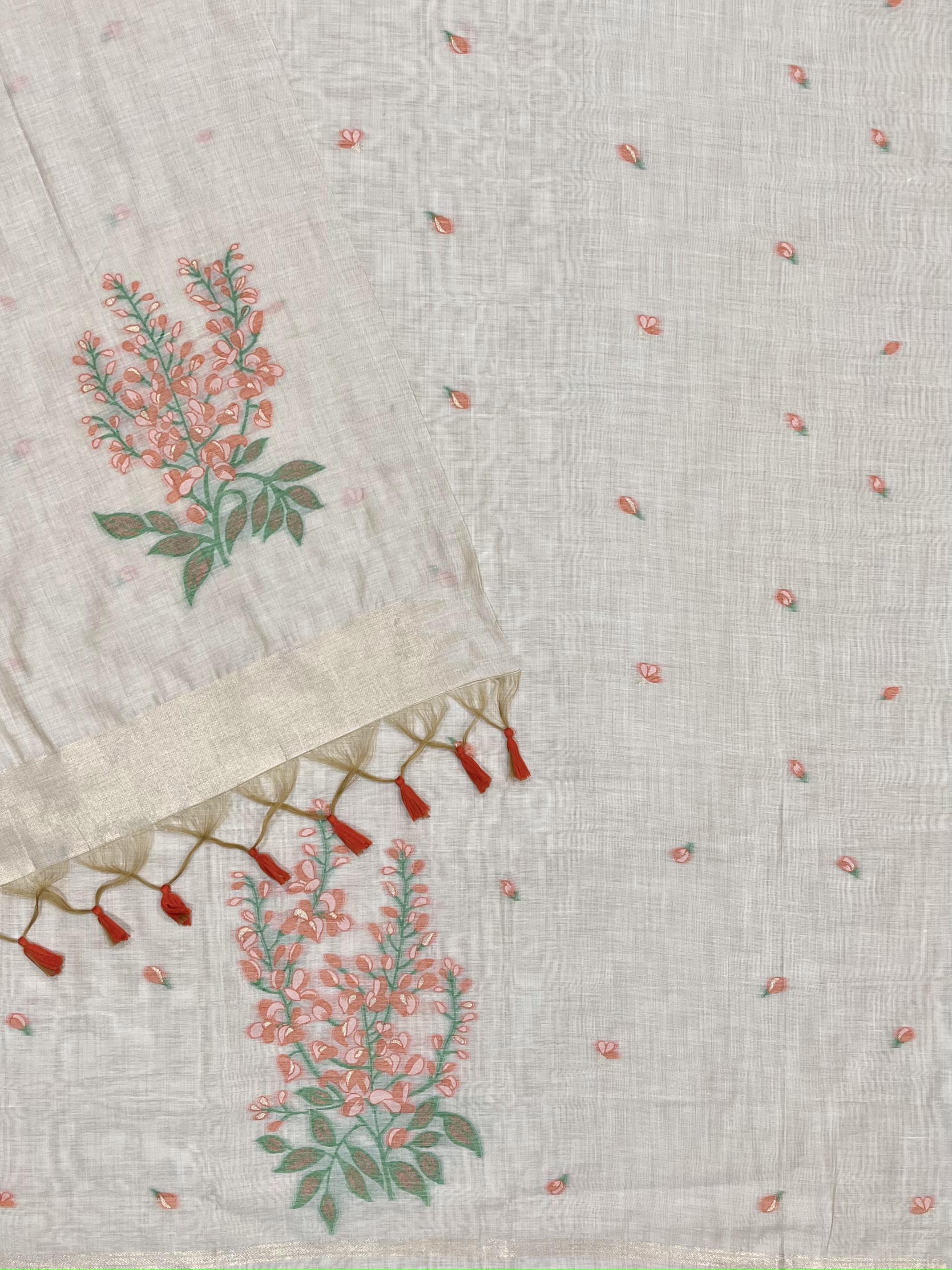 Orange Pure Soft Muga Cotton Flower Weaving Unstitched Dress Material