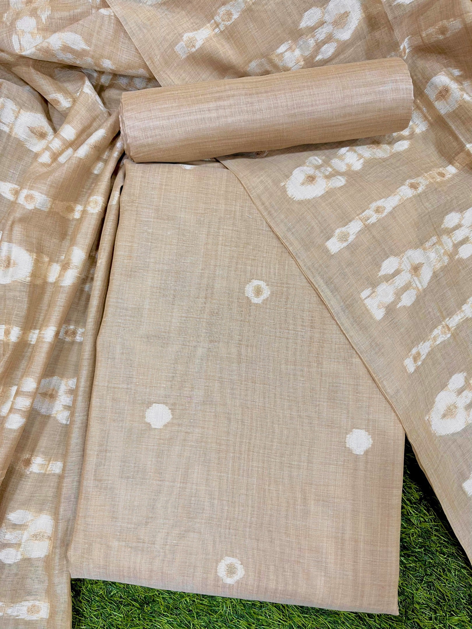 Pale Silver Pure Soft Muga Cotton Unique Weaving Unstitched Dress Material