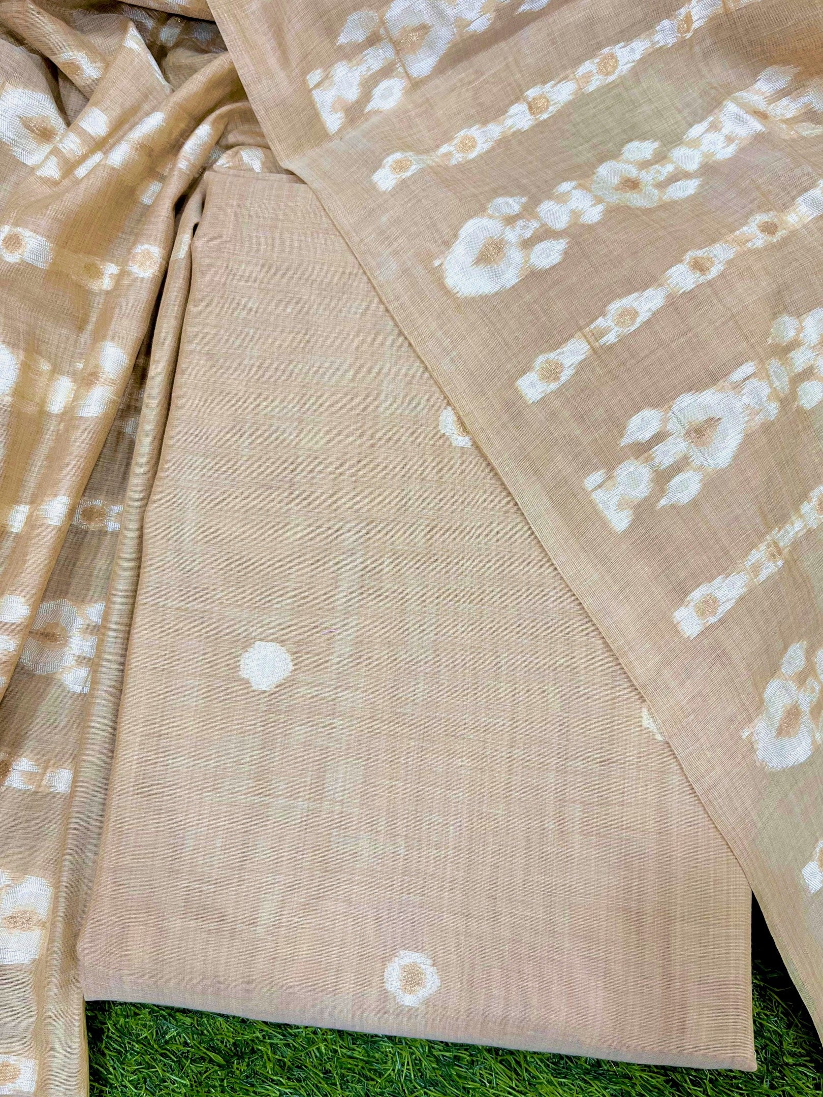 Pale Silver Pure Soft Muga Cotton Unique Weaving Unstitched Dress Material