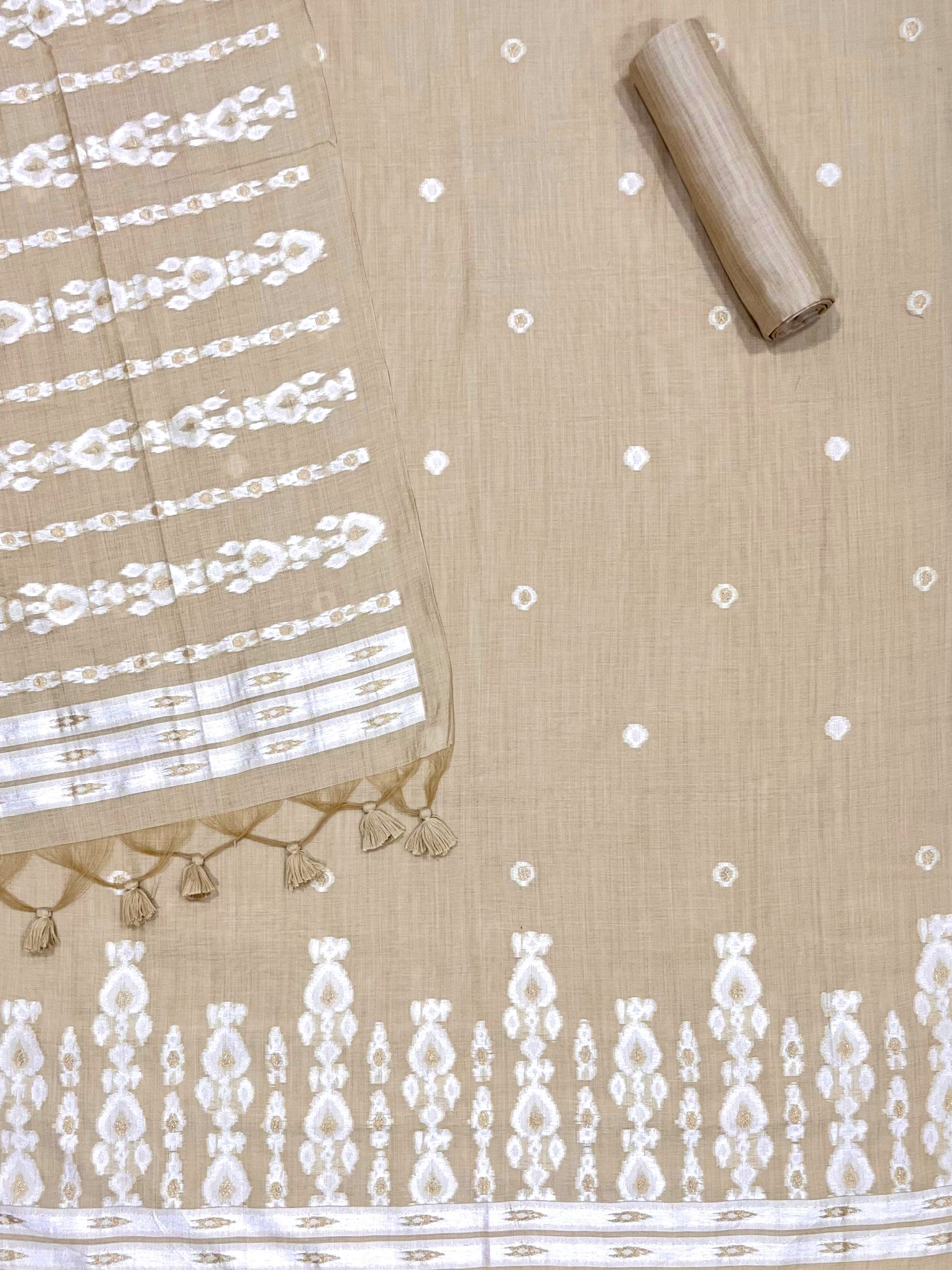 Pale Silver Pure Soft Muga Cotton Unique Weaving Unstitched Dress Material