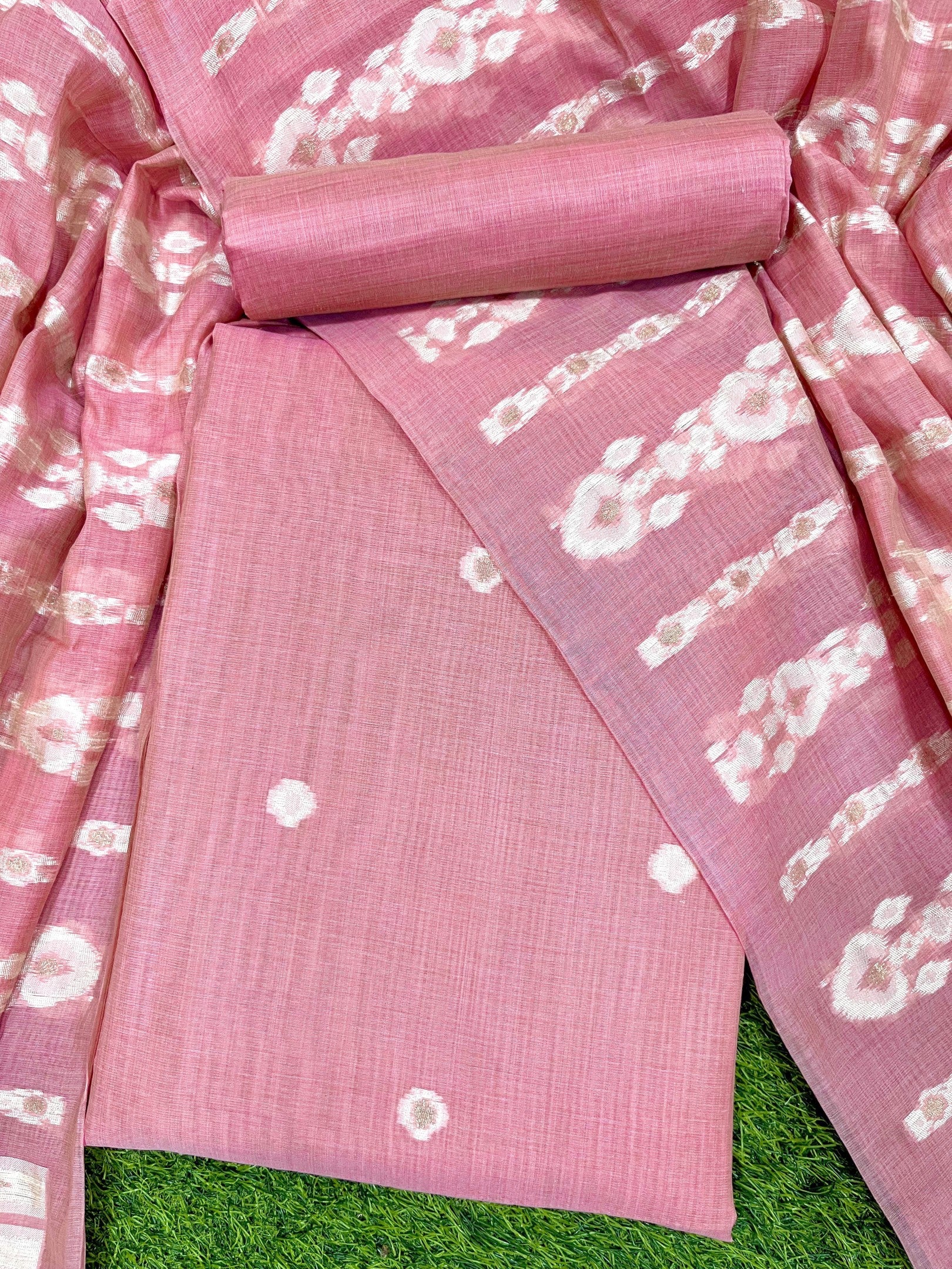 Pink Pure Soft Muga Cotton Unique Weaving Unstitched Dress Material