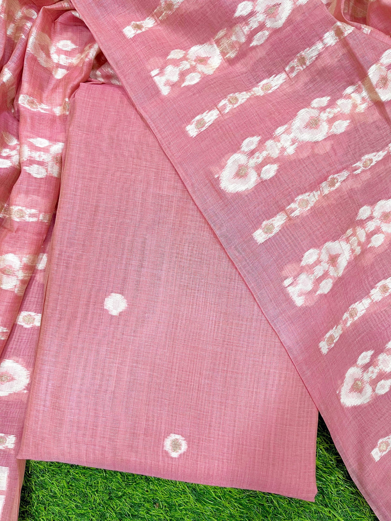 Pink Pure Soft Muga Cotton Unique Weaving Unstitched Dress Material