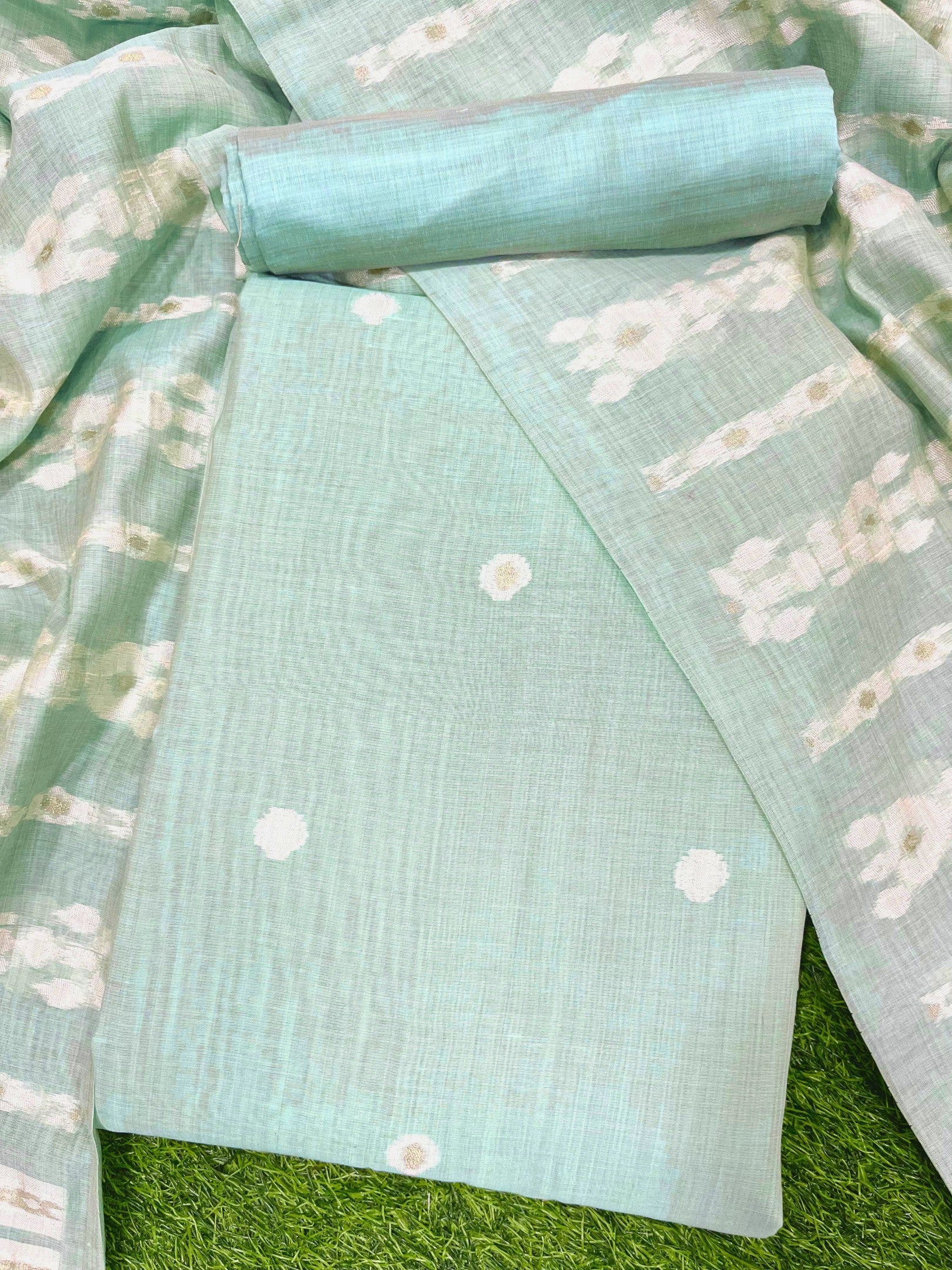 Peal Leaf Pure Soft Muga Cotton Unique Weaving Unstitched Dress Material