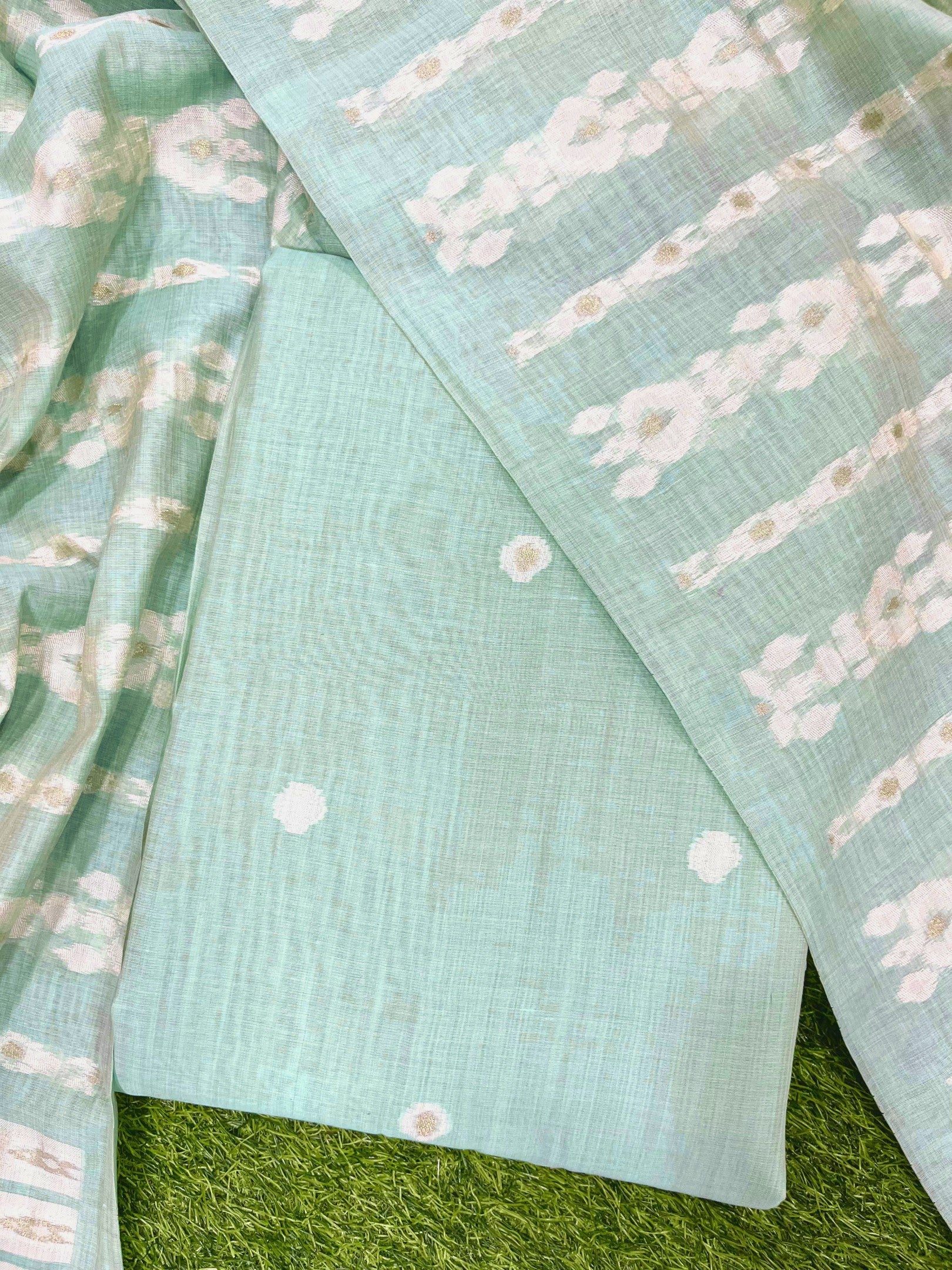 Peal Leaf Pure Soft Muga Cotton Unique Weaving Unstitched Dress Material