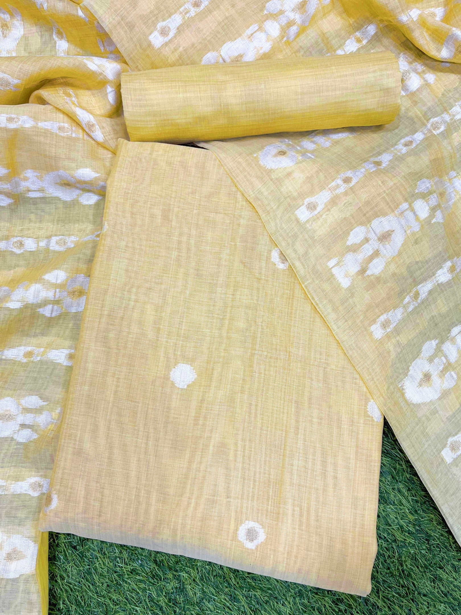 Yellow Pure Soft Muga Cotton Unique Weaving Unstitched Dress Material