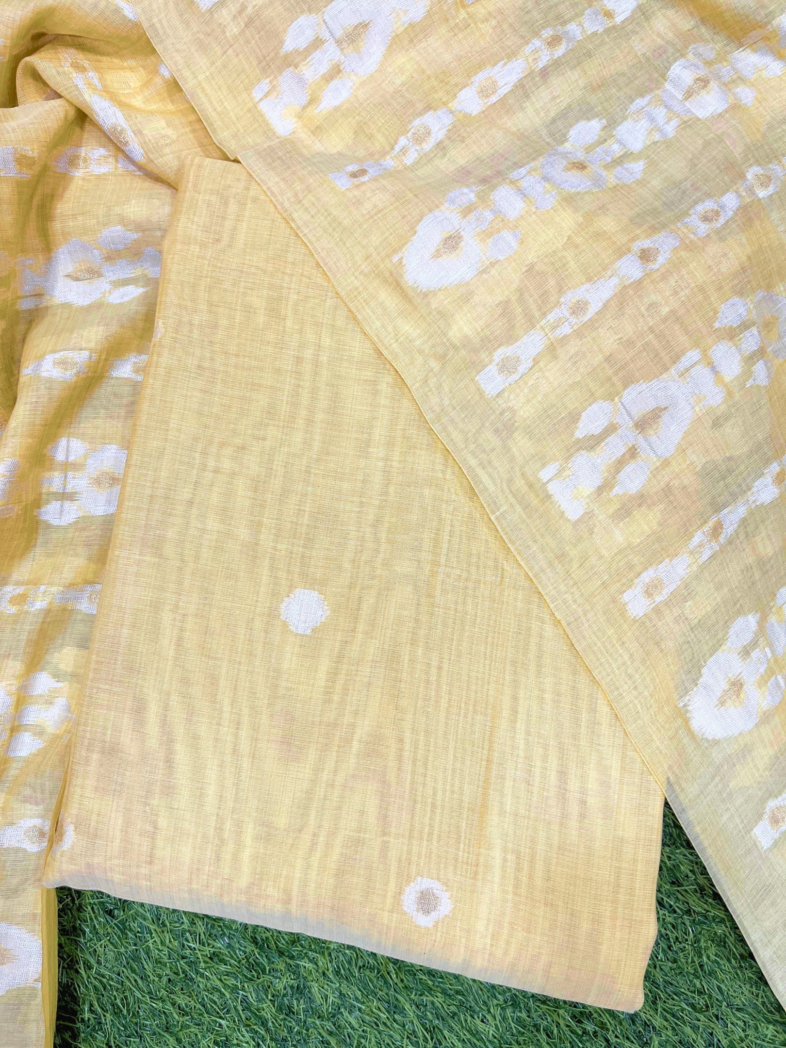 Yellow Pure Soft Muga Cotton Unique Weaving Unstitched Dress Material