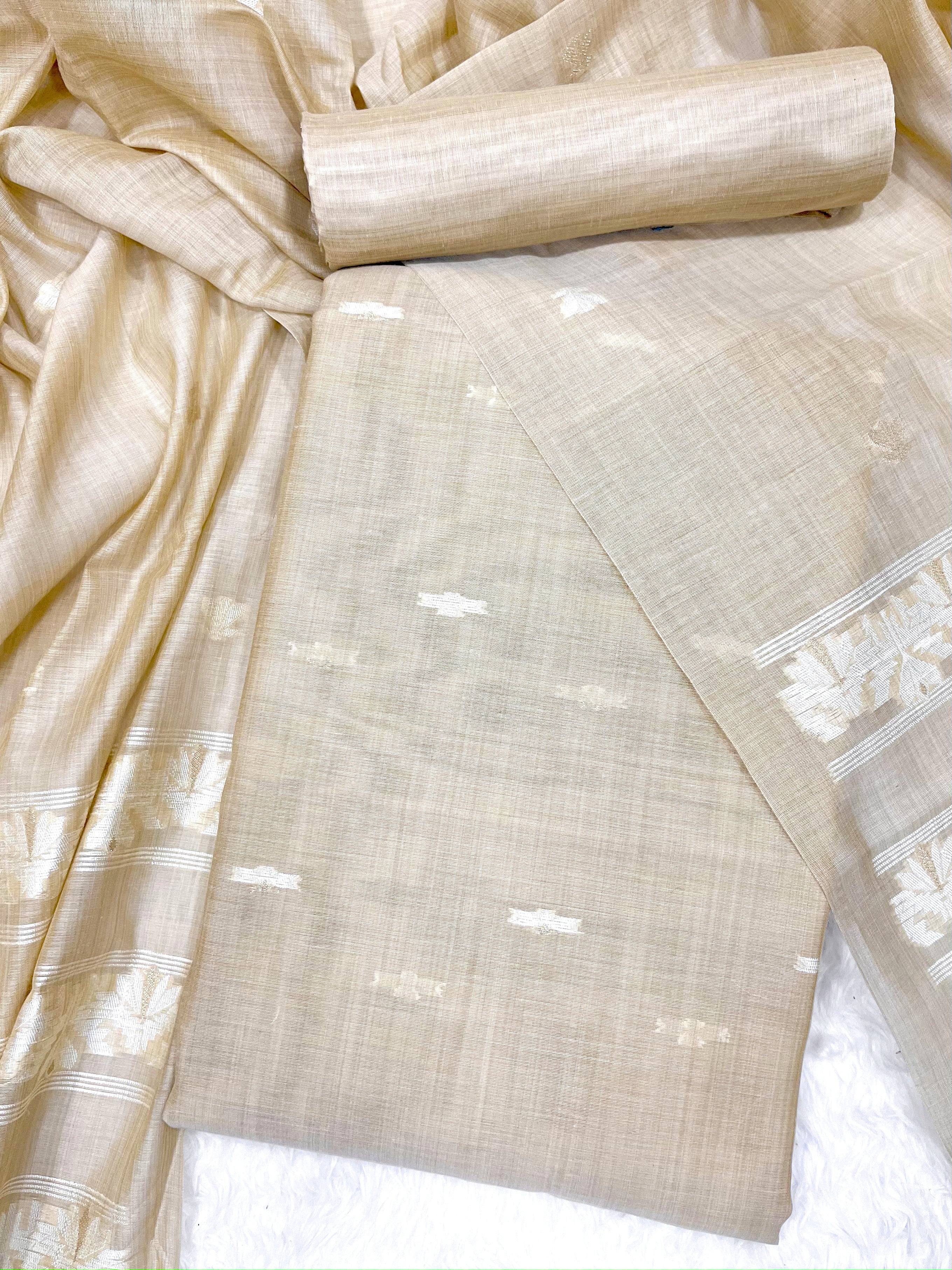 Brown Pure Soft Linen Cotton Embroidered Work Unstitched Dress Material