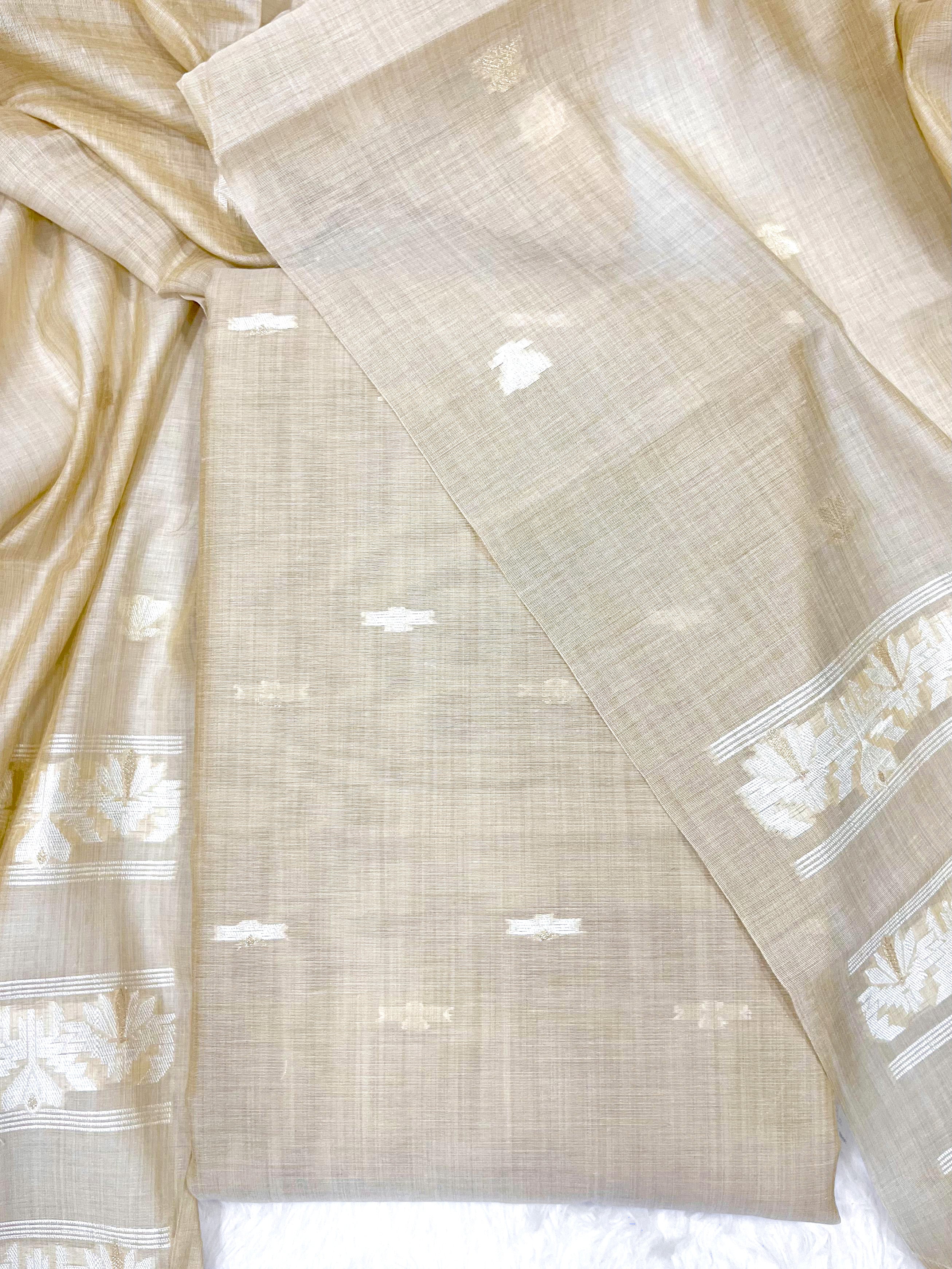 Brown Pure Soft Linen Cotton Embroidered Work Unstitched Dress Material