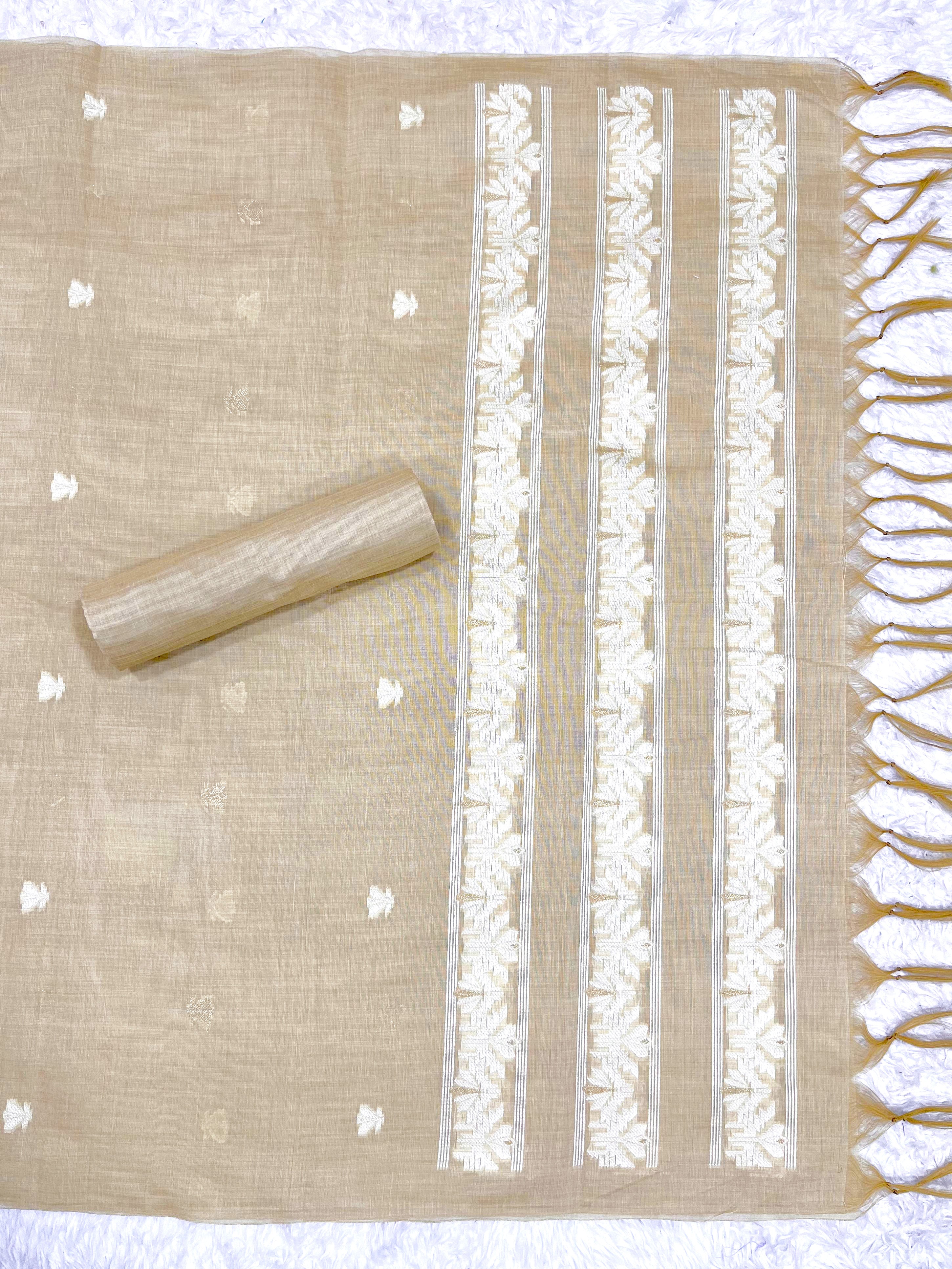 Brown Pure Soft Linen Cotton Embroidered Work Unstitched Dress Material