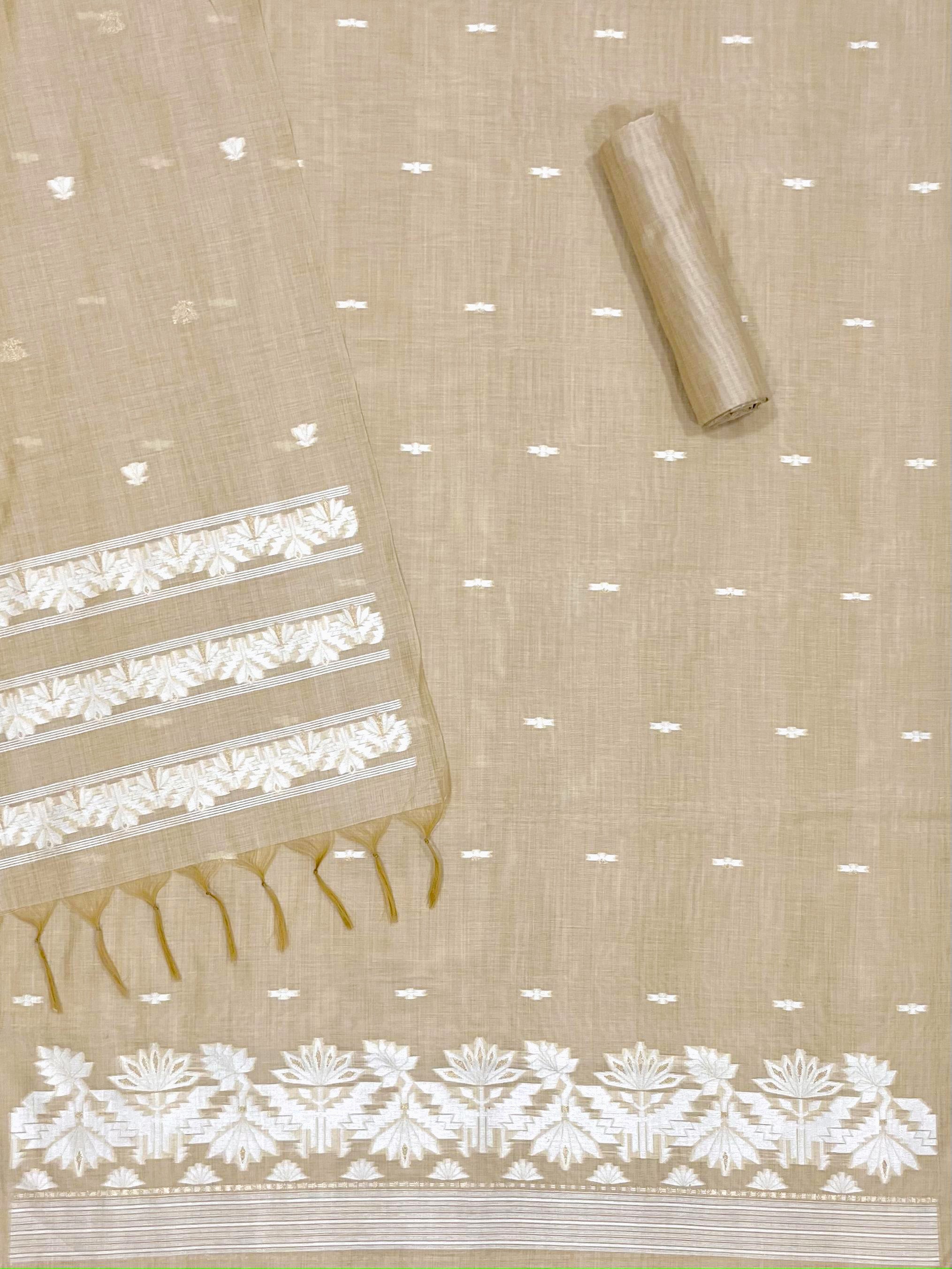 Brown Pure Soft Linen Cotton Embroidered Work Unstitched Dress Material