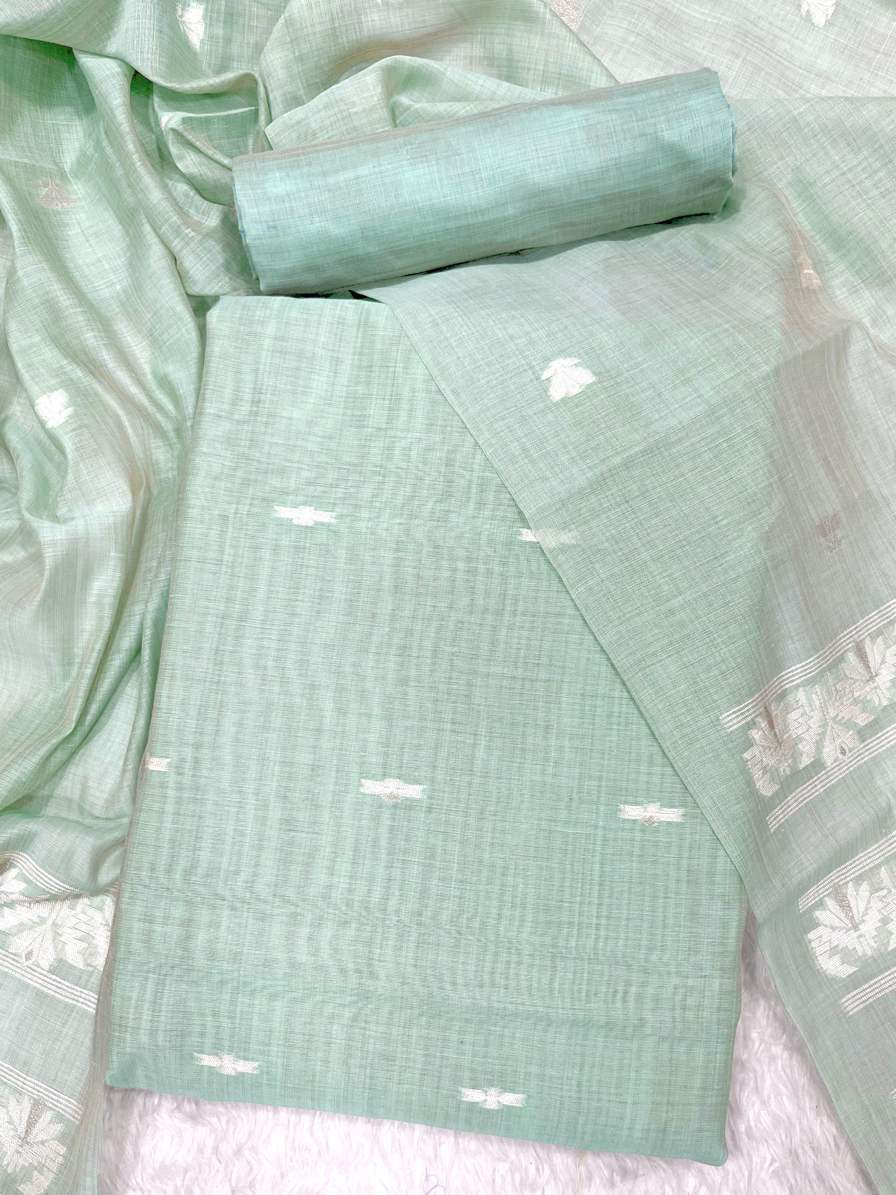 Summer Green Pure Soft Linen Cotton Embroidered Work Unstitched Dress Material
