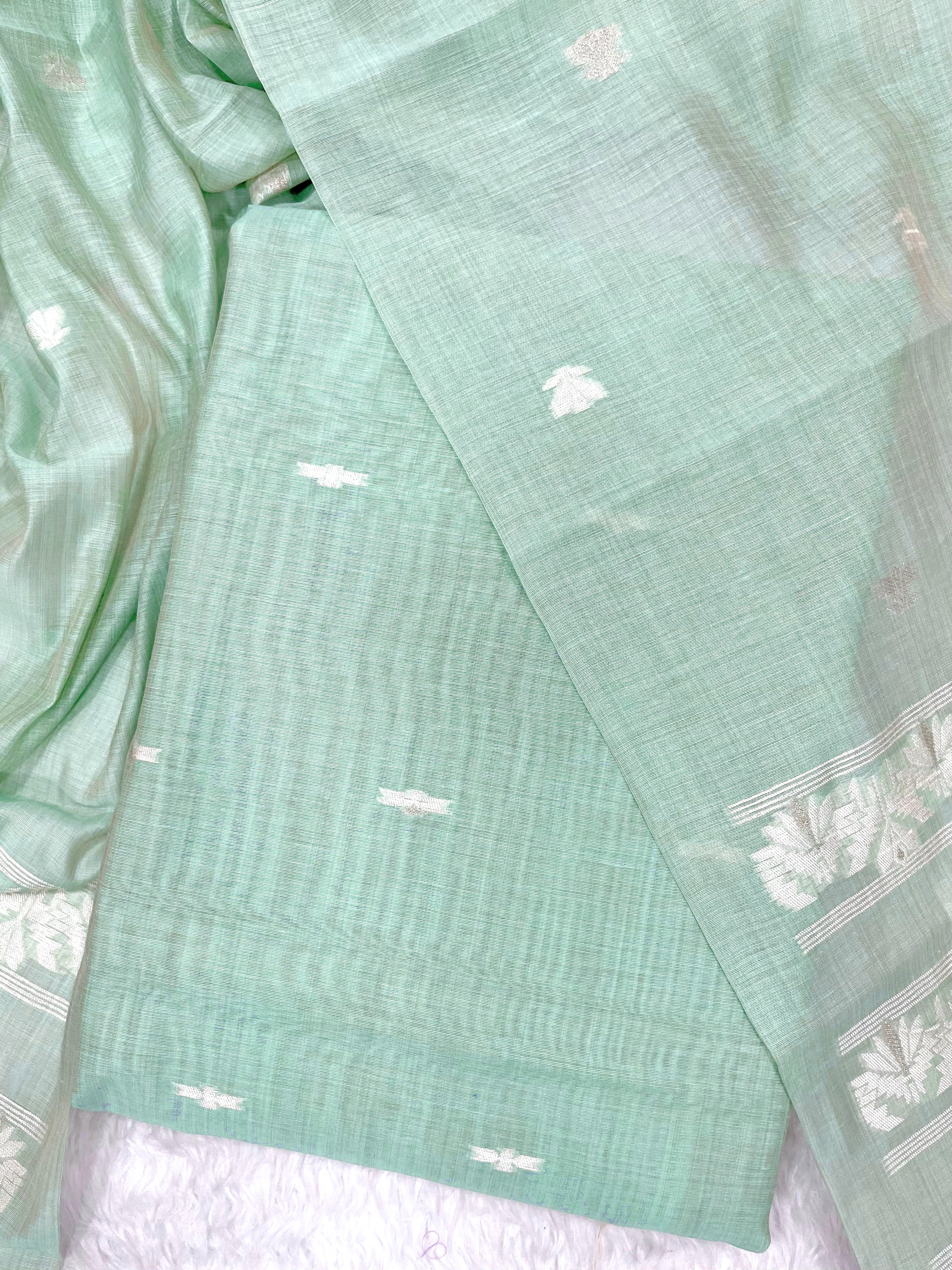 Summer Green Pure Soft Linen Cotton Embroidered Work Unstitched Dress Material