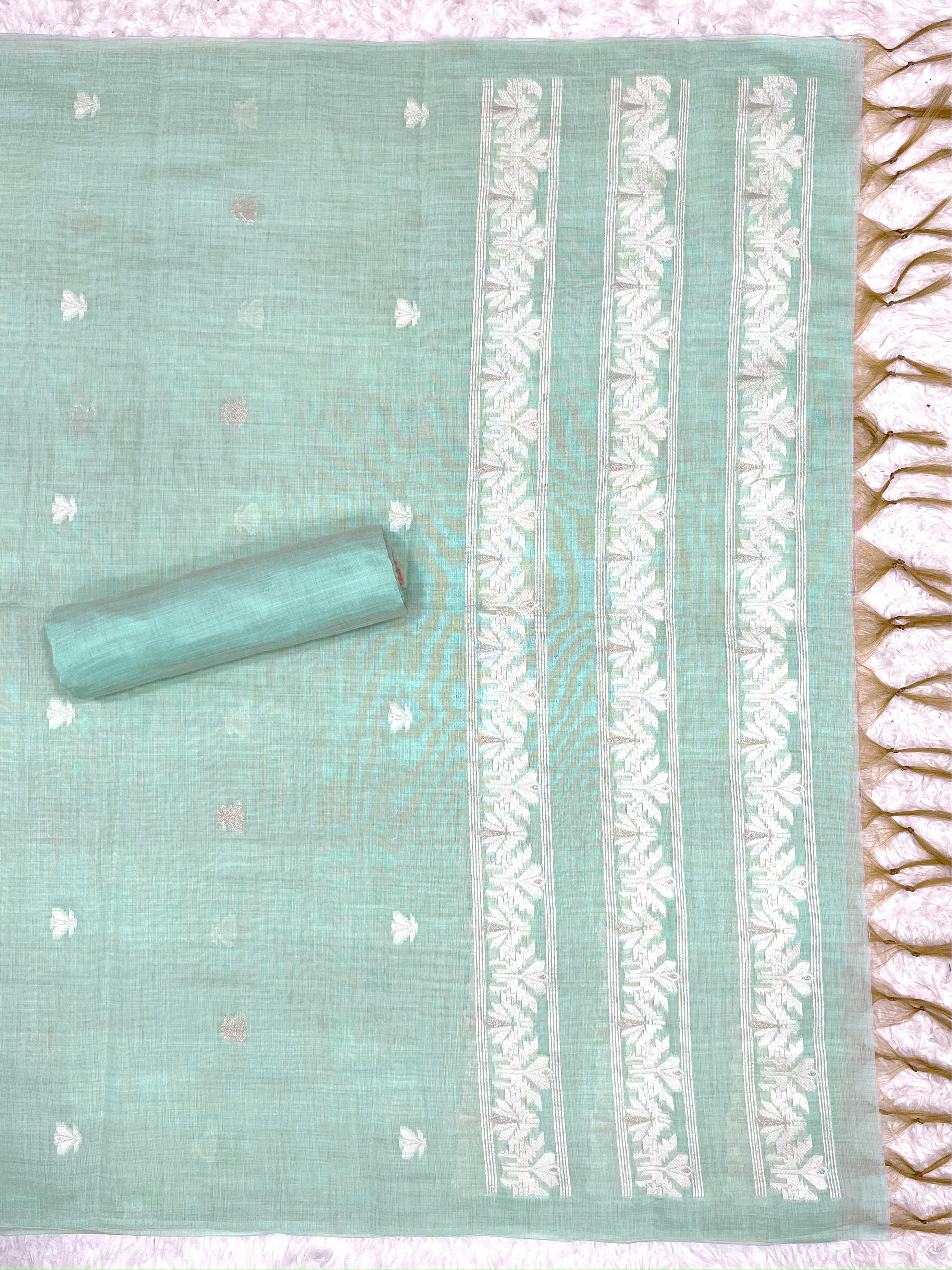 Summer Green Pure Soft Linen Cotton Embroidered Work Unstitched Dress Material