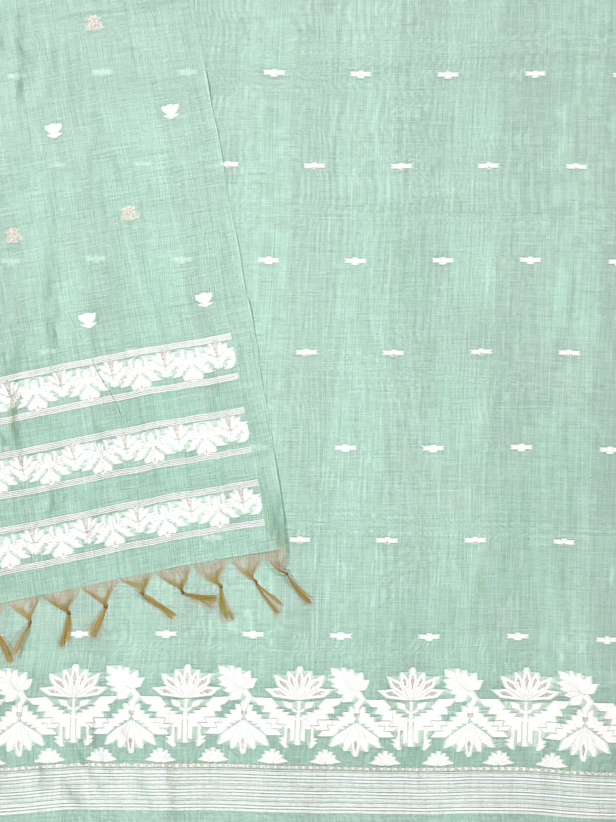 Summer Green Pure Soft Linen Cotton Embroidered Work Unstitched Dress Material